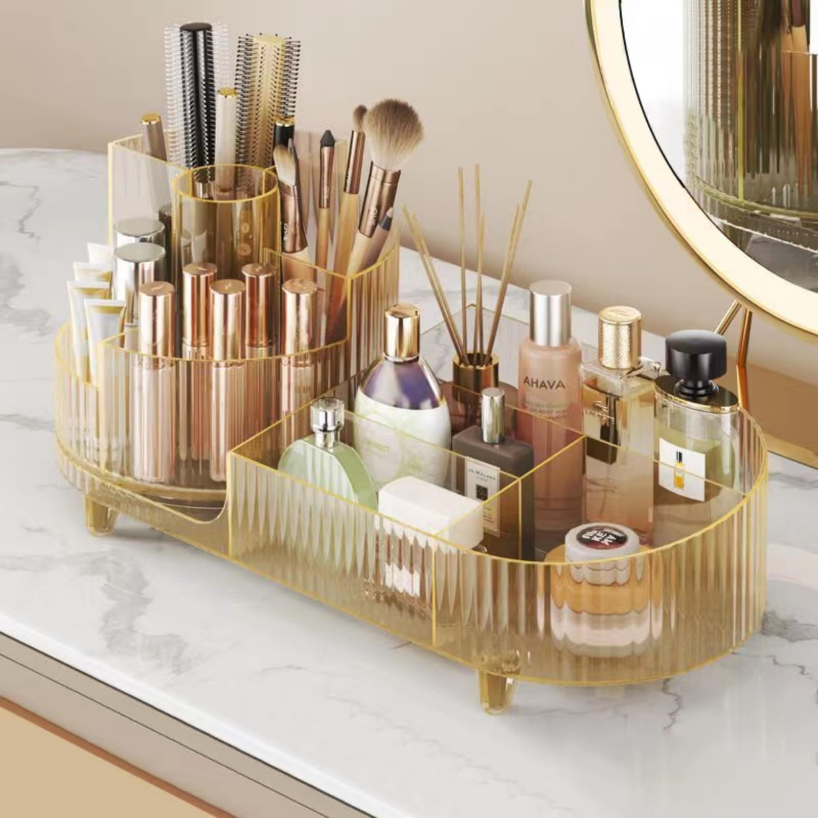 360° Rotating Makeup Organizer - Large Capacity Cosmetic Display Case with Crystal Amber Design | Holds 20+ Makeup Brushes, 10 Lipsticks & 8 Skincare Products | Perfect for Vanity, Bathroom & Travel Organization
