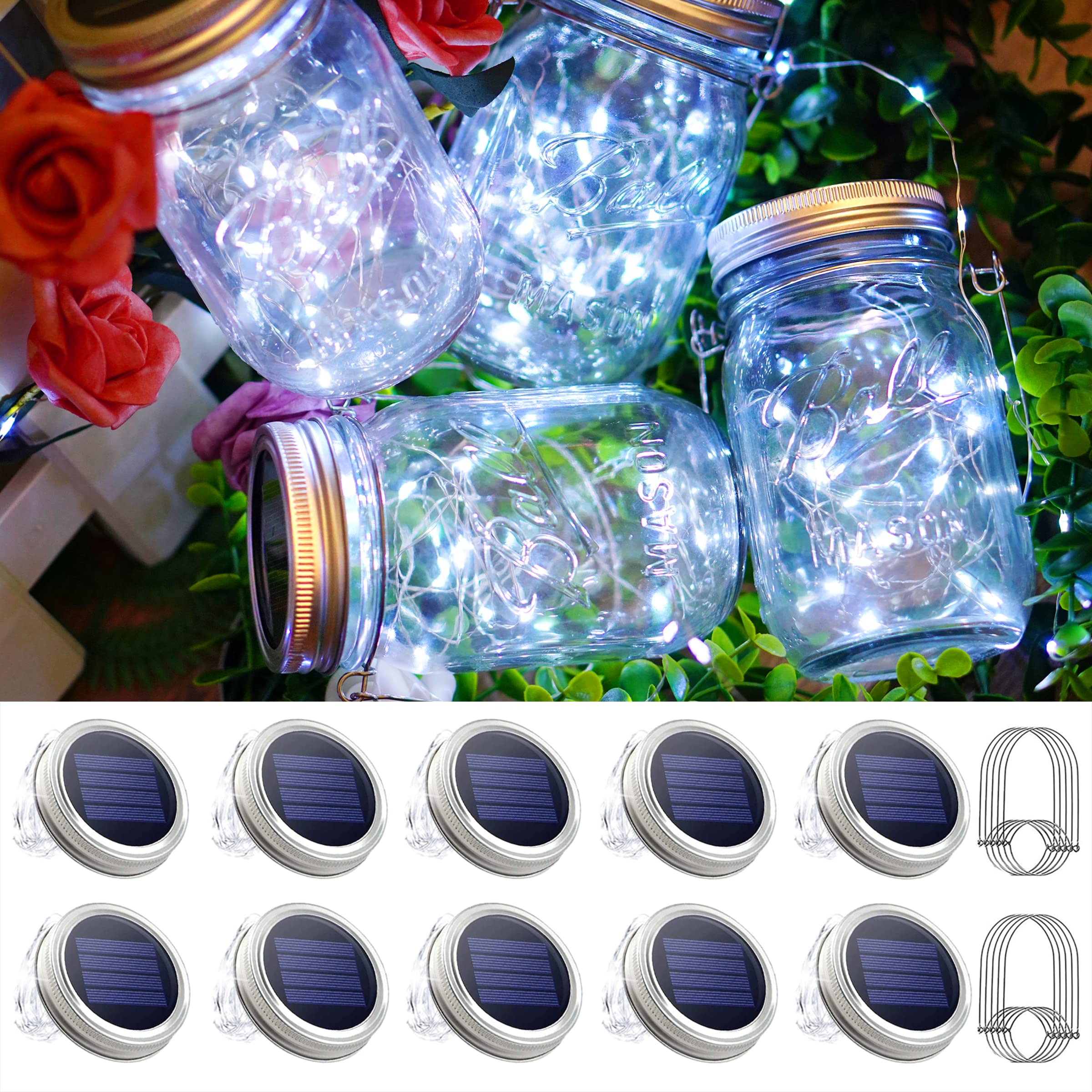 30 LED Mason Jar Solar Lights - 10 Pack Waterproof Hanging Solar Lanterns for Outdoor Garden, Patio, Wedding & Yard Decor | Cool White Fairy Lights (Jars Not Included) | Perfect for Backyard Parties, Pathway Lighting & Romantic Ambiance