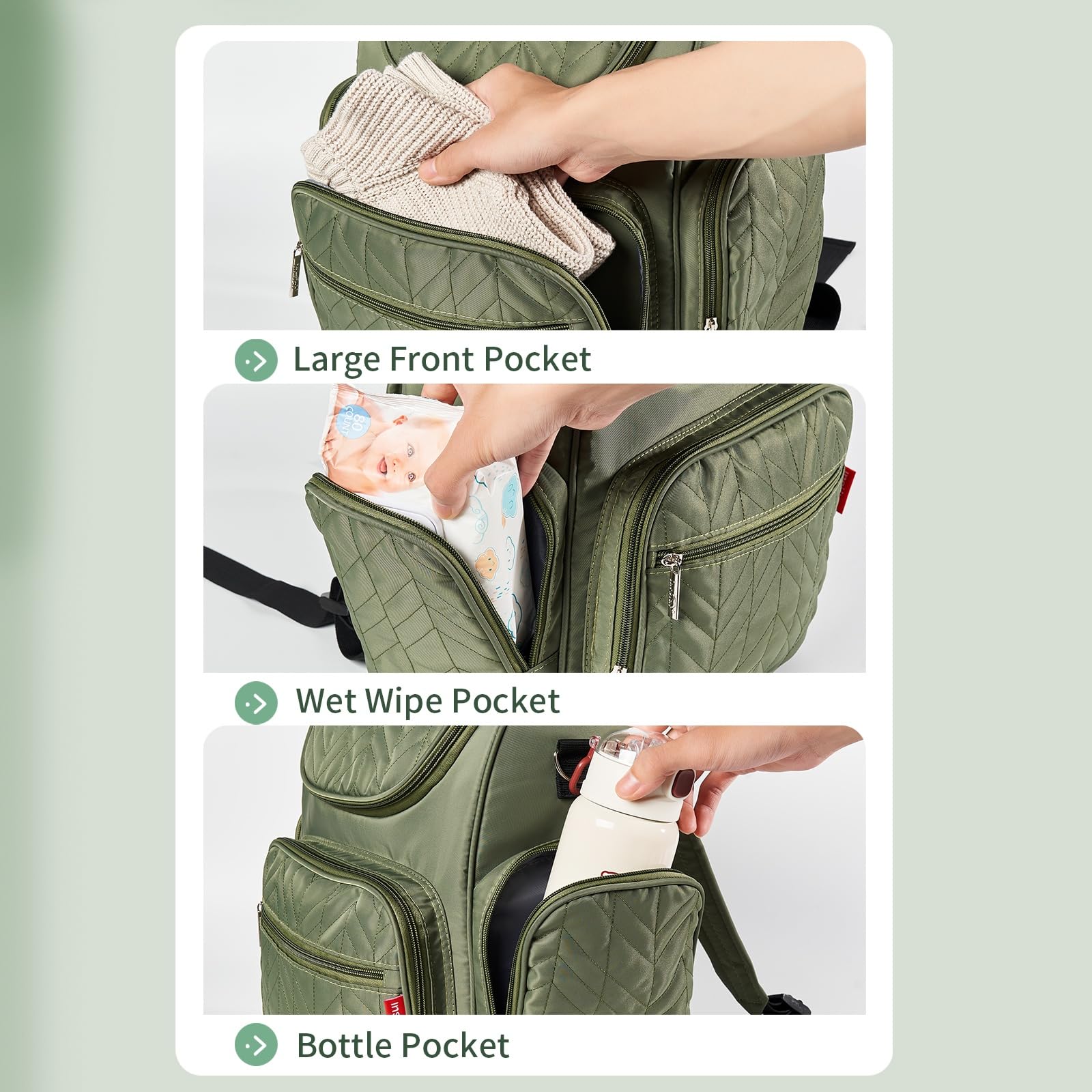 **Insular Waterproof Diaper Bag Backpack for Moms - Large Capacity Baby Travel Backpack with Stroller Straps & Changing Pad - Multi-Functional Baby Changing Bag for Girls (Green) - Perfect for Travel, Outings & Daily Use**