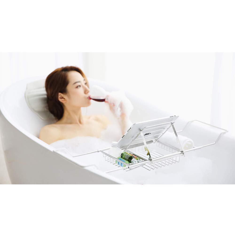 Expandable Stainless Steel Bathtub Tray with Book Holder & Extending Silicone Sides - Adjustable Bath Caddy Organizer for Bathroom, Perfect for Reading, Relaxing & Holding Essentials in Tub or Shower
