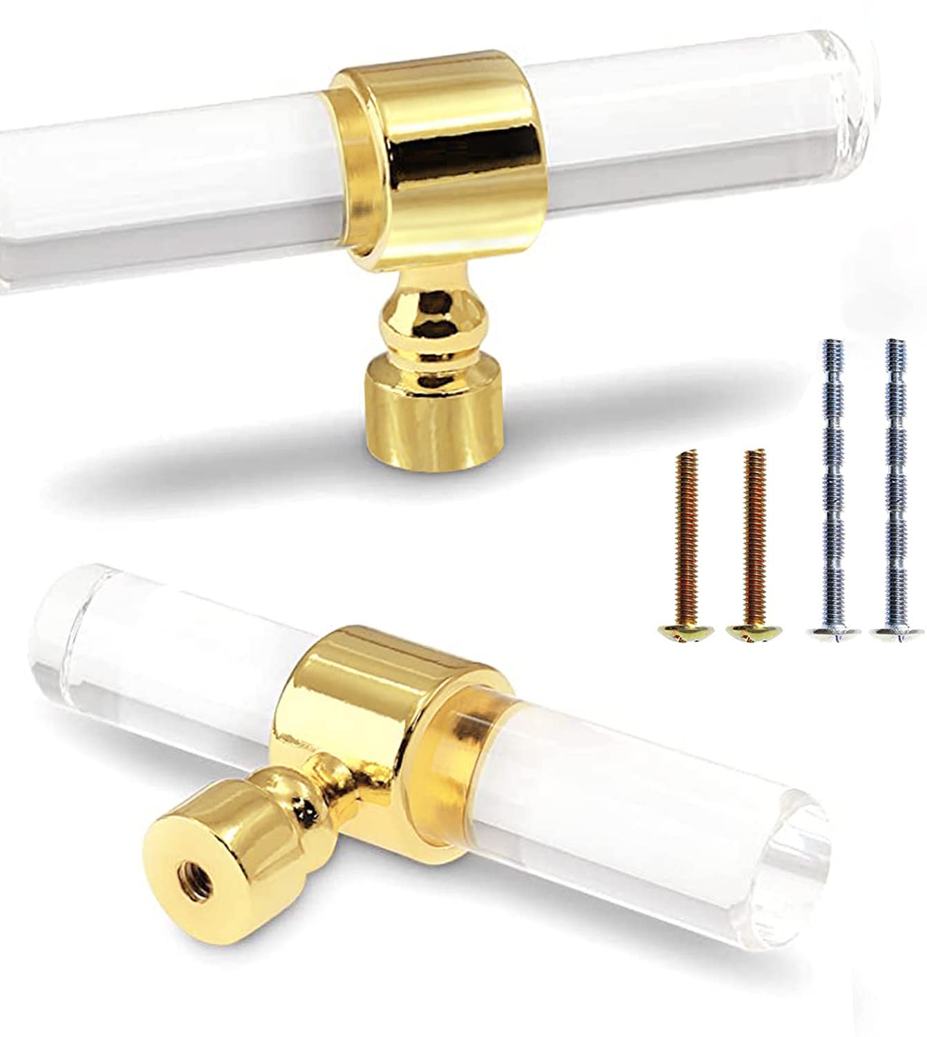 6 Pack Brushed Gold Acrylic Cabinet Knobs - Clear Single Hole T Bar Drawer Pulls for Dresser & Kitchen Cabinets (3.15