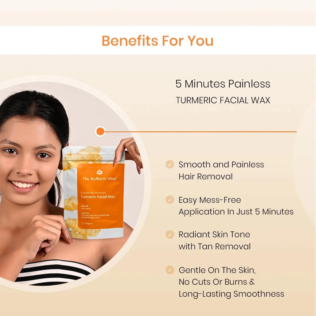 Natural Turmeric Facial Wax Powder for Women - 5 Minute Painless Hair Removal, Easy At-Home Use (100g) | Smooth Skin for Bikini, Legs & Face | The Wellness Shop