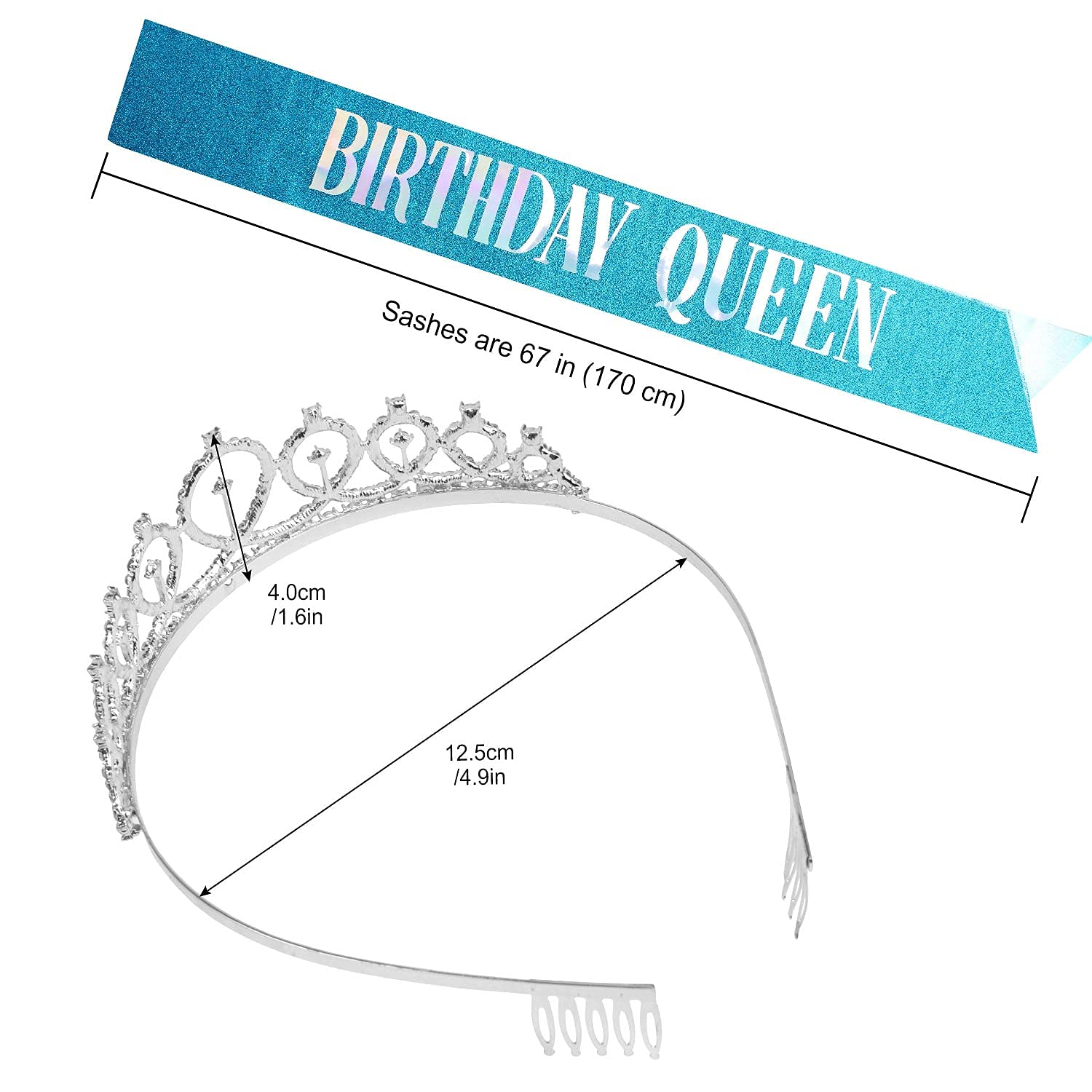 COCIDE Birthday Queen Sash & Crystal Tiara Set - Silver Crown for Women, Blue Rhinestone Headband & Glitter Sash for Girls Party | Perfect for Birthday Celebrations, Bachelorette Parties & Pageant Events