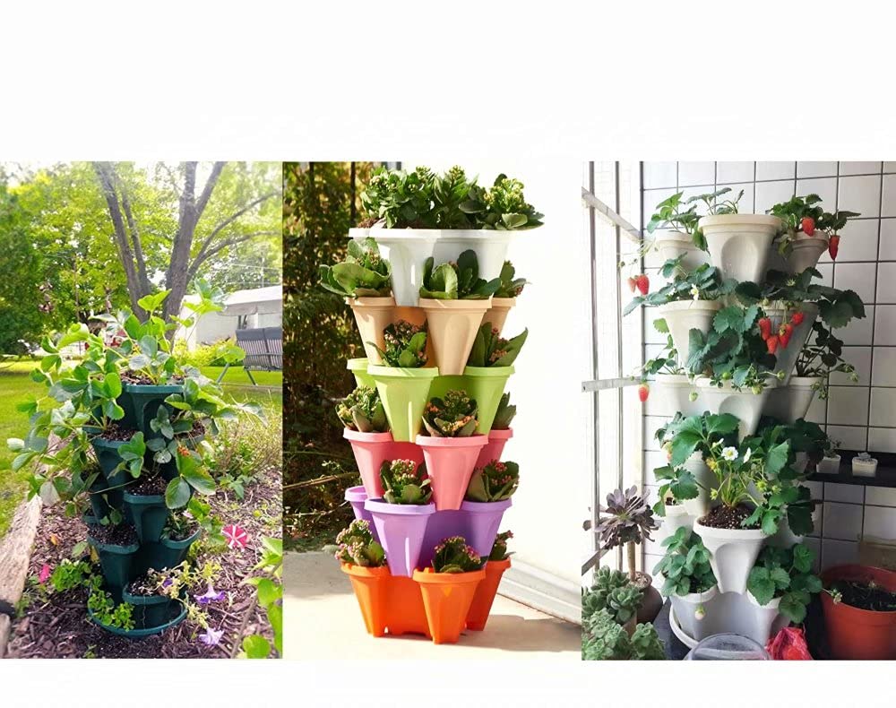 Stackable Strawberry & Herb Garden Planter - Vertical Gardening Pots for Indoor/Outdoor Use - BPA Free 4-Petal Design (Pink) - Perfect for Small Spaces, Balconies & Kitchen Windowsills