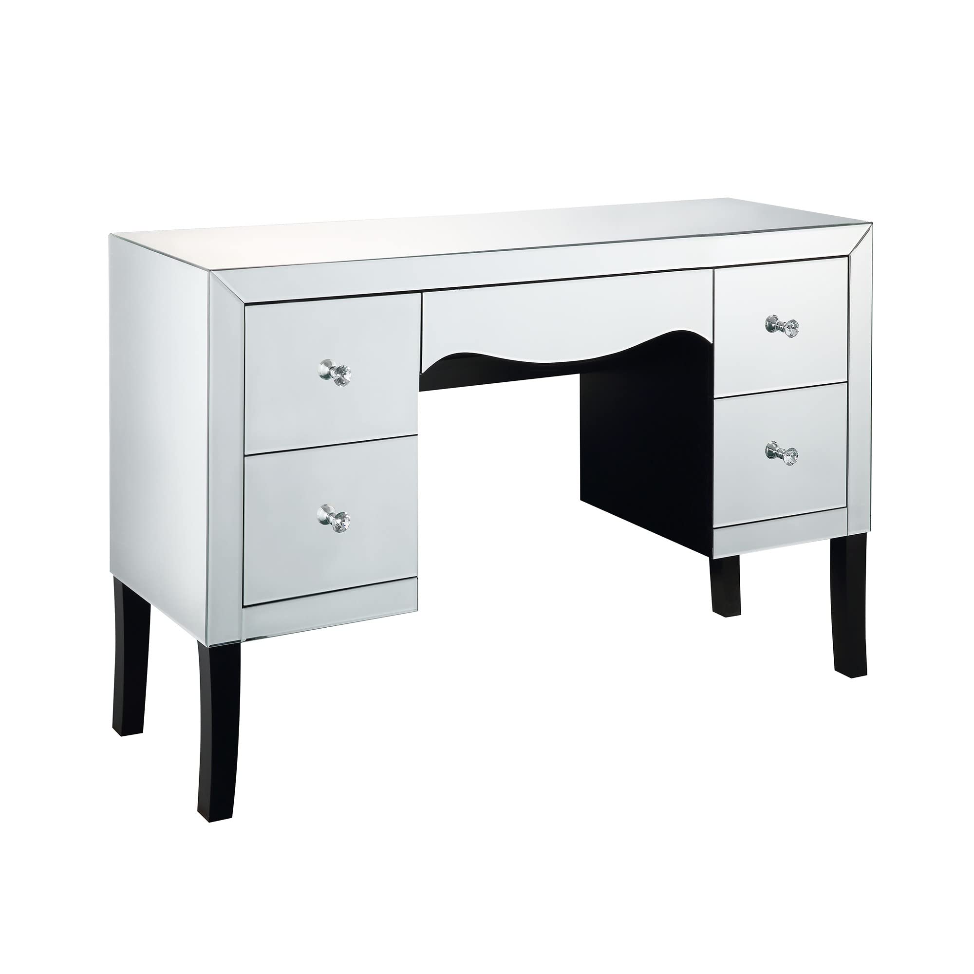 Benjara Silver Wooden Framed Vanity Desk with Mirror, 4 Drawers & Wavy Apron - Elegant Dressing Table for Bedroom, Bathroom or Boudoir Makeup Station