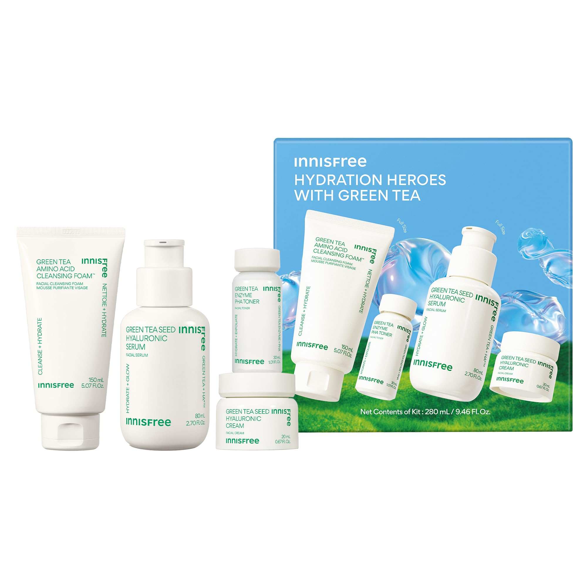 **Innisfree Green Tea Hydration Skincare Set - Korean Beauty Routine Kit with Serum, Cleanser, Toner & Moisturizing Cream | Perfect for Dry & Sensitive Skin Care (Packaging May Vary)**