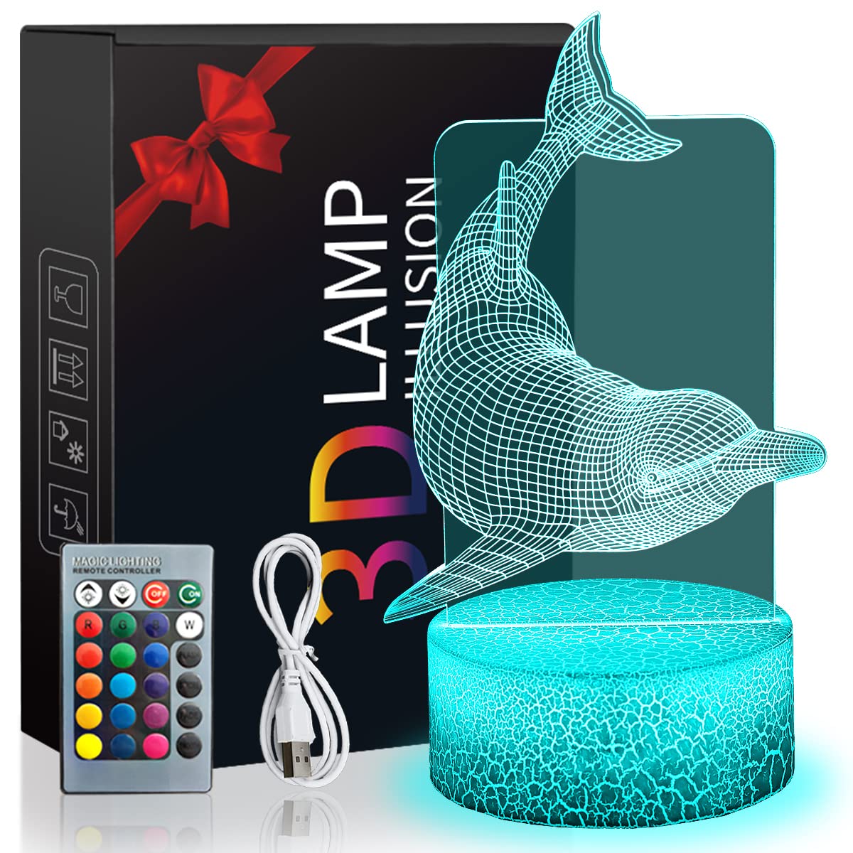 3D Ocean Dolphin Night Light for Kids - 16 Color Changing LED Table Lamp with Remote & Touch Control, Dimmable Bedroom Decor - Perfect Christmas Birthday Gift for Boys & Girls | Nursery Decor, Kids Room Lighting, Relaxing Night Light