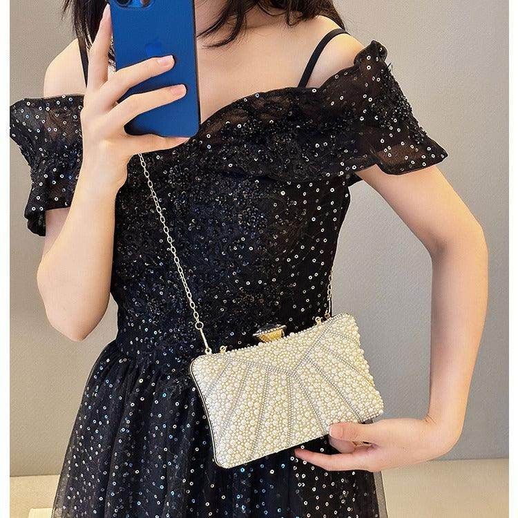 Elegant Pearl & Diamond Embellished Evening Clutch Bag for Banquets, Parties & Special Occasions - 823414689997