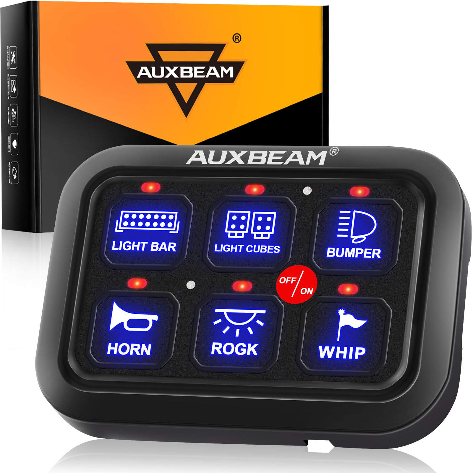 Auxbeam BC60 6 Gang Universal Switch Panel - Touch Control Relay System with Auto Dimmable LED for Cars, Trucks, Pickups, Boats & UTVs | Waterproof Circuit Control Box | Perfect for Off-Roading, Marine & RV Use (Blue, 2-Year Warranty)