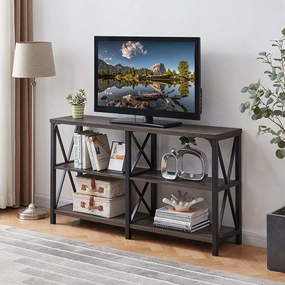 LVB Rustic Console Table - Industrial Modern Sofa Table Behind Couch, Long Entryway Table with Storage Shelf | Farmhouse Foyer & Hallway Table for Living Room, Bedroom & Home Decor | Dark Gray Oak Finish, 63 Inch | Perfect for Small Spaces & Apartment Entryways