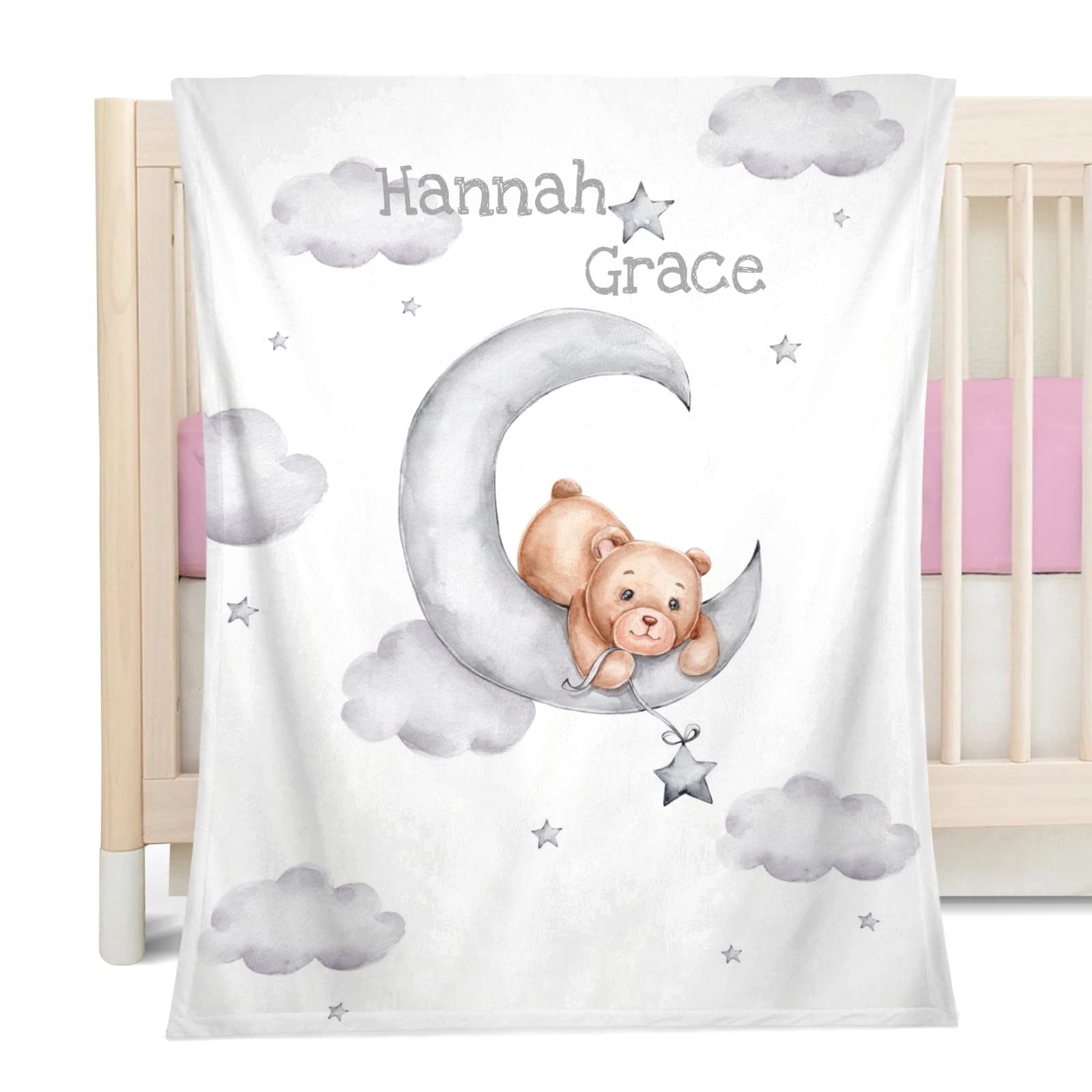 Personalized Baby Blanket with Soft Teddy Bears, Moon & Stars - Custom Name Blanket for Baby Shower, Nursery, Toddler Bed, Stroller & Crib - 30x40 Inch Cozy Blanket for Newborns, Infants & Kids Gift