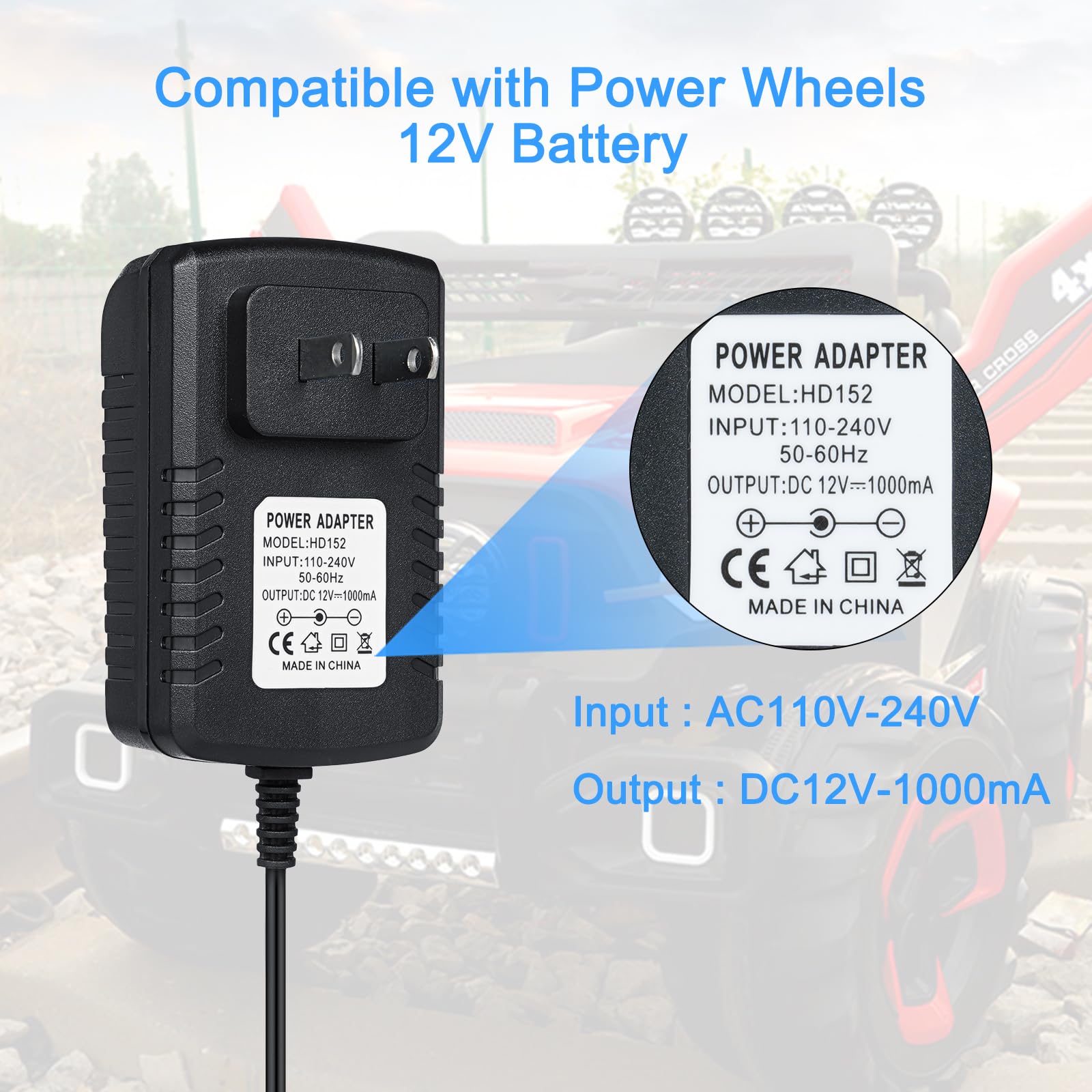 12V 1000mA Ride On Car Battery Charger - Compatible with Best Choice Products, Kidzone, Kid Trax, Razor MX125 & Dynacraft Toys - Perfect for Kids' Electric SUVs, Jeeps & Bumper Cars (Great for Birthday Gifts & Outdoor Play)