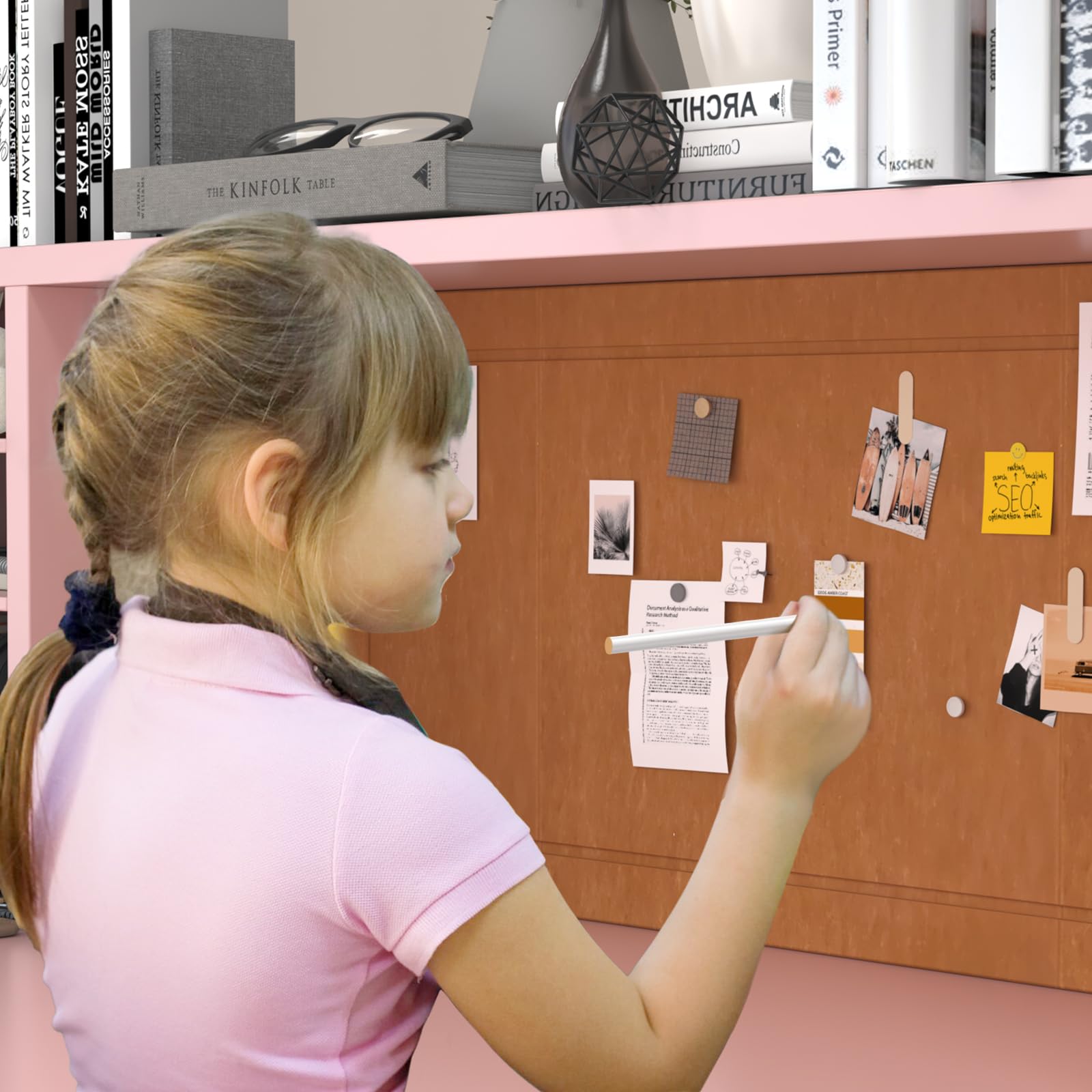 Pink Kids Study Desk and Chair Set for Ages 5-12 - Adjustable Children's Computer Desk with Bulletin Board, Storage Drawers & Cabinets - Perfect for Homework, Online Learning & Arts & Crafts