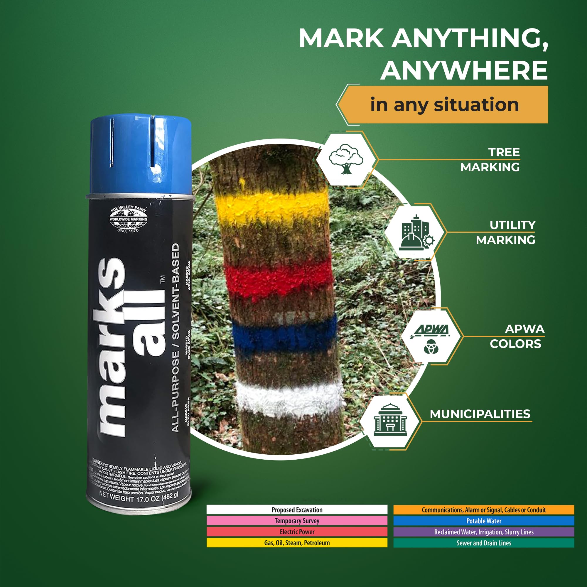 Fox Valley Marks All Utility Marking Spray Paint - 18 oz (Pack of 12) Blue APWA - Durable Lawn, Tree, Driveway & Parking Lot Marking Paint for Construction, Landscaping & Property Maintenance