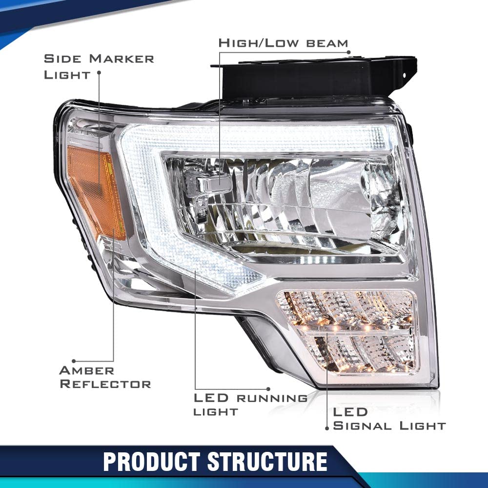 PIT66 LED Headlight Assembly for Ford F150 2009-2014 - Direct Replacement for Factory Halogen Headlights - Clear Lens & Chrome Housing with LED Light Bar - Perfect for Night Driving & Off-Road Adventures