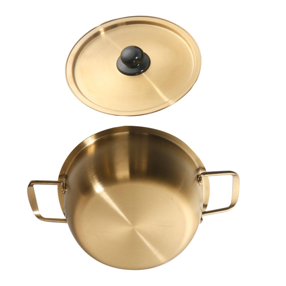 Premium Stainless Steel Korean Ramen Noodle Pot with Lid - 18cm Golden Double Handle Ramyun Cooker for Soup, Stew & Instant Noodles | Perfect for Home Kitchen & Restaurant Use | Durable Stockpot for Quick Meals & Asian Cuisine