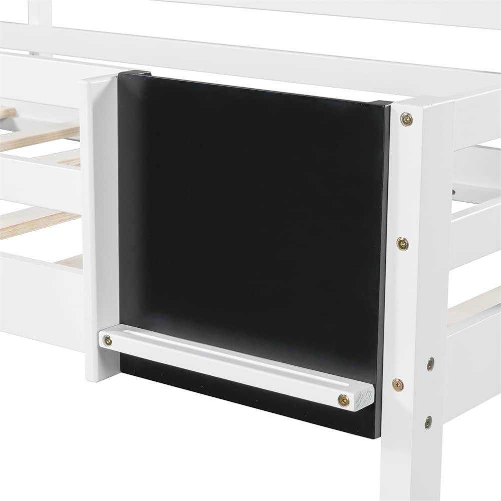 **White Twin Size Wood Loft Bed with Slide, Stairs & Chalkboard - Low Loft Bed Frame for Kids & Teens - Perfect for Small Bedrooms, Playrooms & Dorm Rooms**