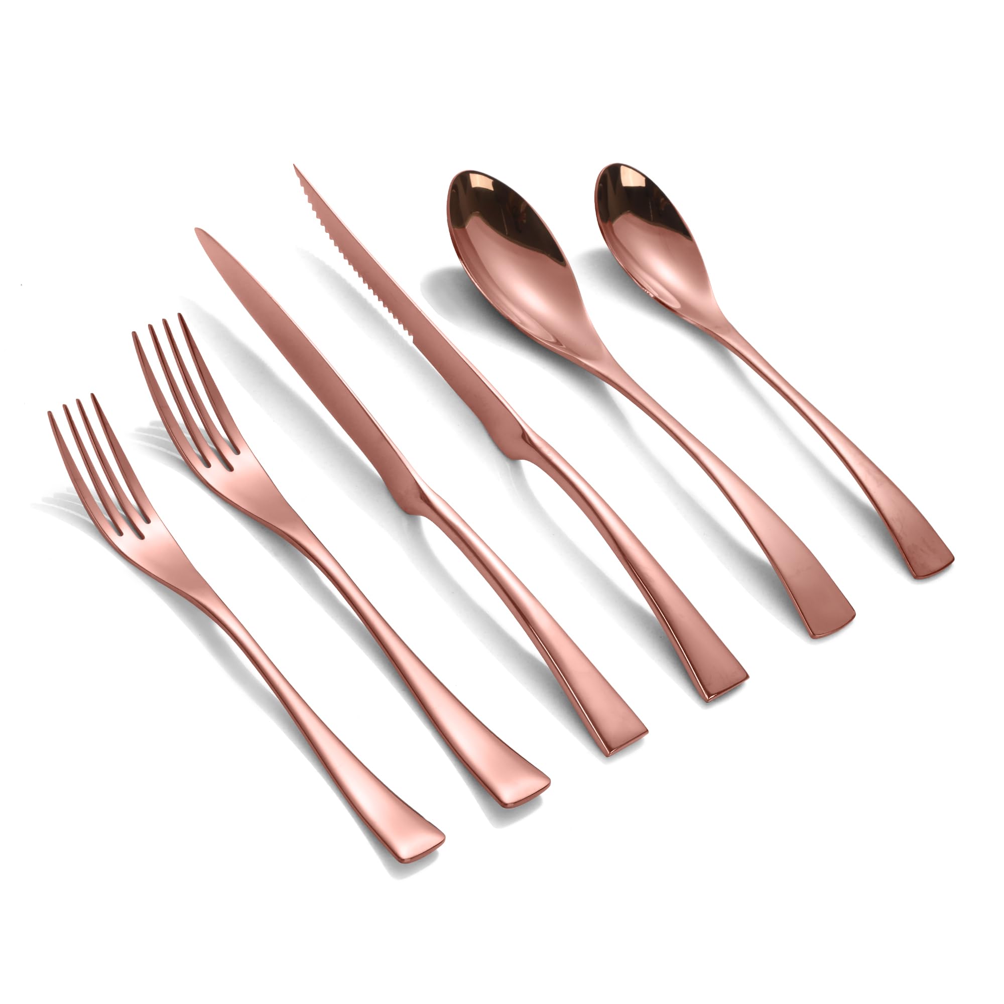 24-Piece Rose Gold Silverware Set with Steak Knives - Forged 18/10 Stainless Steel Cutlery Set for 4 - Modern Heavy Duty Flatware Utensils Set - Dishwasher Safe - Perfect for Dinner Parties, Weddings & Everyday Dining
