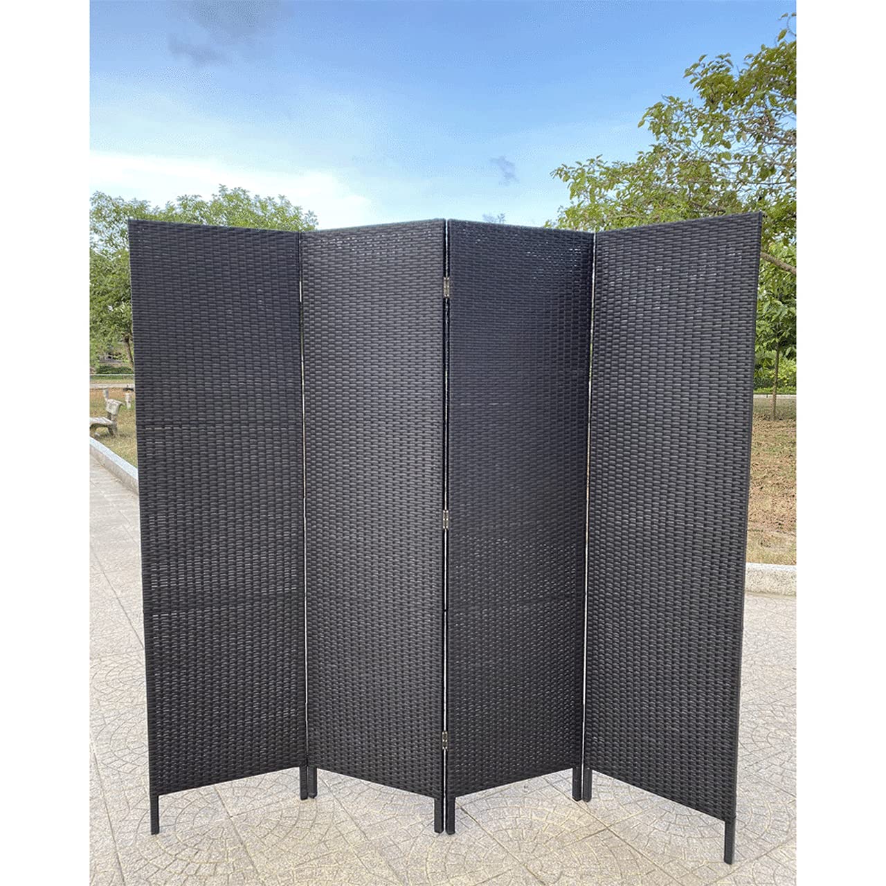 4-Panel Patio Privacy Screen - Black Resin Wicker Outdoor Room Divider - Weather Resistant for Deck, Garden, Balcony & Poolside