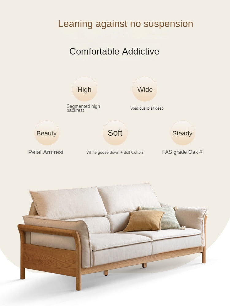 Premium Oak Solid Wood White Goose Down Cotton Sofa - Luxurious Comfort for Living Room, Lounge & Home Decor