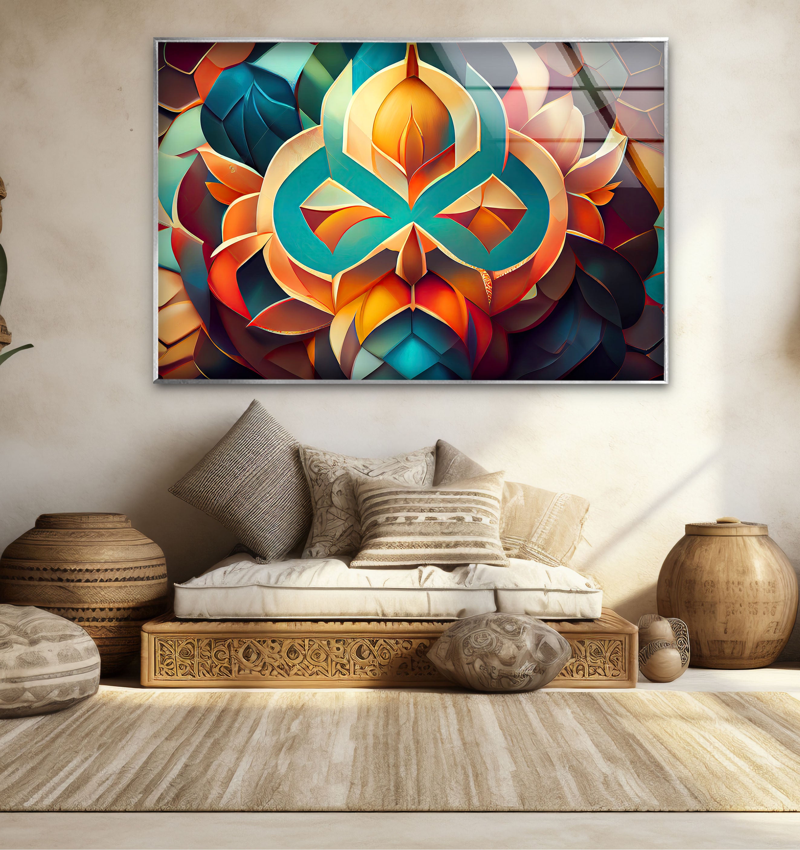 3D Geometric Mandala Glass Wall Art - Vibrant Abstract Lotus Design for Home & Office Decor | Modern Spiritual Meditation Room Decorations | Unique Gift Idea for Yoga Lovers & Art Collectors