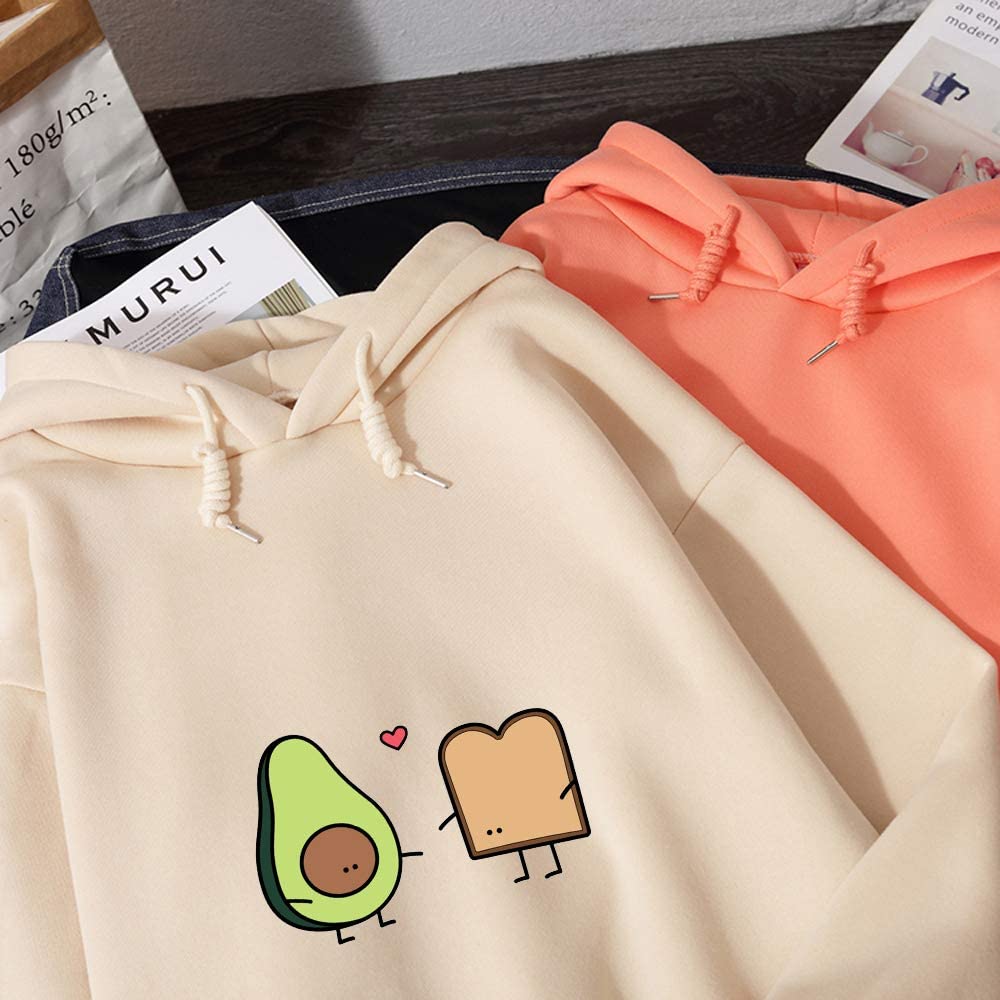 KEEVICI Women's Vegan Avocado Bread Print Hoodie - Cute Cartoon Pullover Sweatshirt for Casual Wear & Lounge