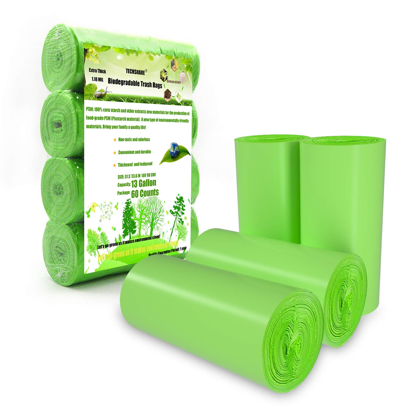 Biodegradable Trash Bags 13 Gallon - Strong Eco-Friendly Compostable Garbage Bags for Kitchen, Yard & Recycling | Heavy Duty Degradable Rubbish Bags (Green)