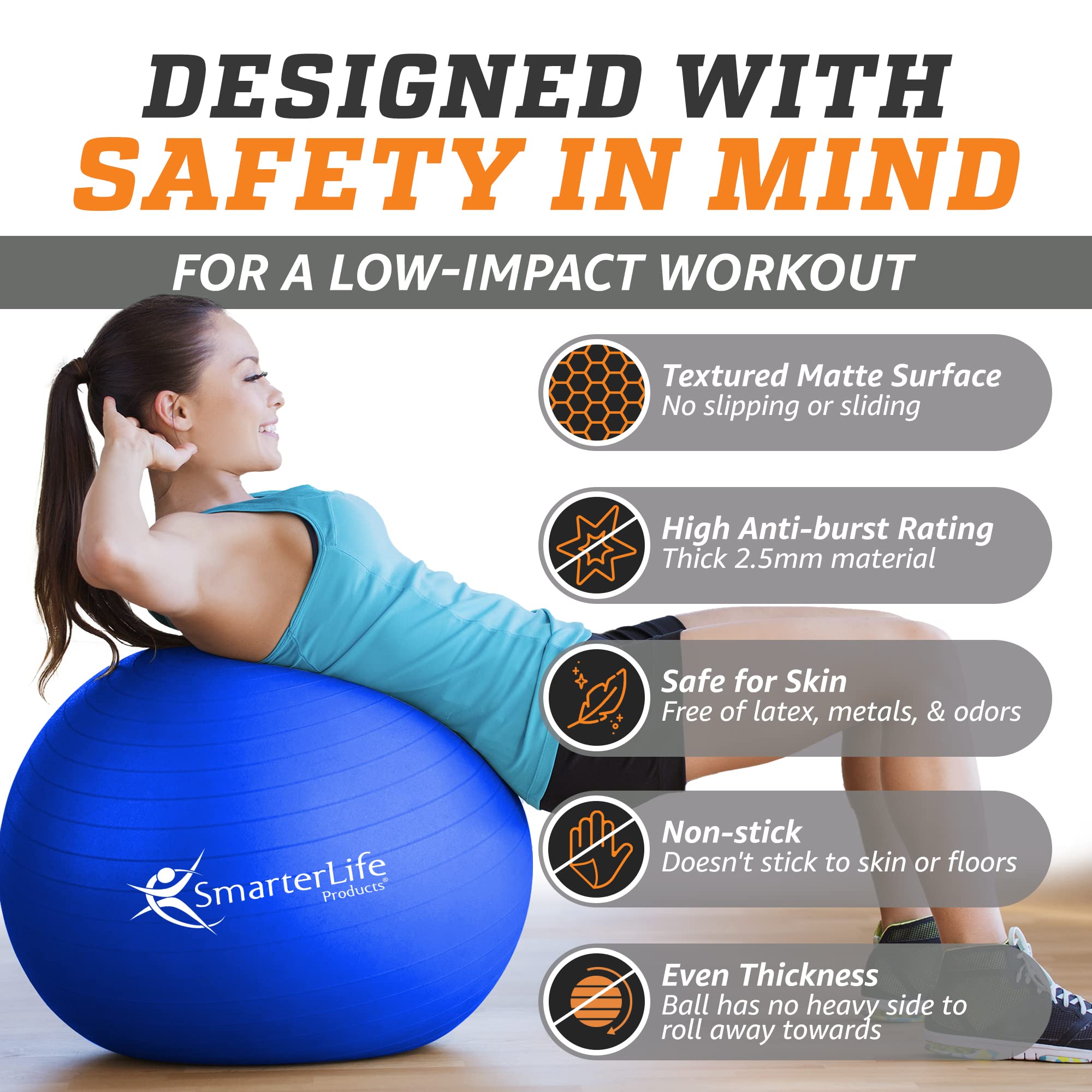 SmarterLife Exercise Ball - Anti-Burst Yoga Ball for Fitness, Core Workout, Balance Training & Physical Therapy | Pregnancy Support, Office Yoga Ball Chair | Non-Slip Stability Ball for Home Gym, Pilates & Postnatal Recovery