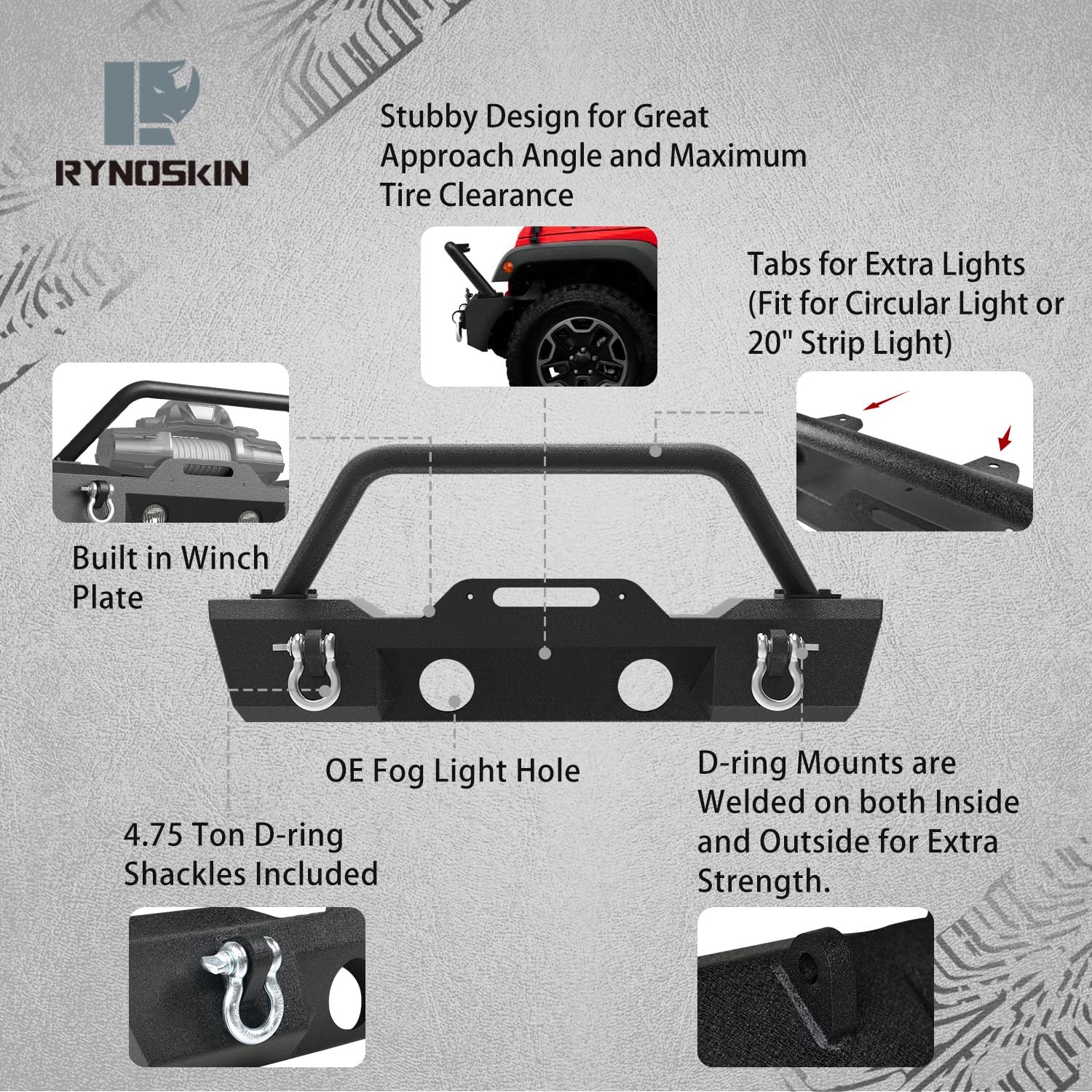 RYNOSKIN Heavy Duty Stubby Front Bumper for 2007-2018 Jeep Wrangler JK, 2018-2025 JL & 2020-2025 Gladiator (Excludes Rubicon/V8) | Fog Light Compatible with D-Ring Shackles | Off-Road Adventure & Trail Riding Upgrade