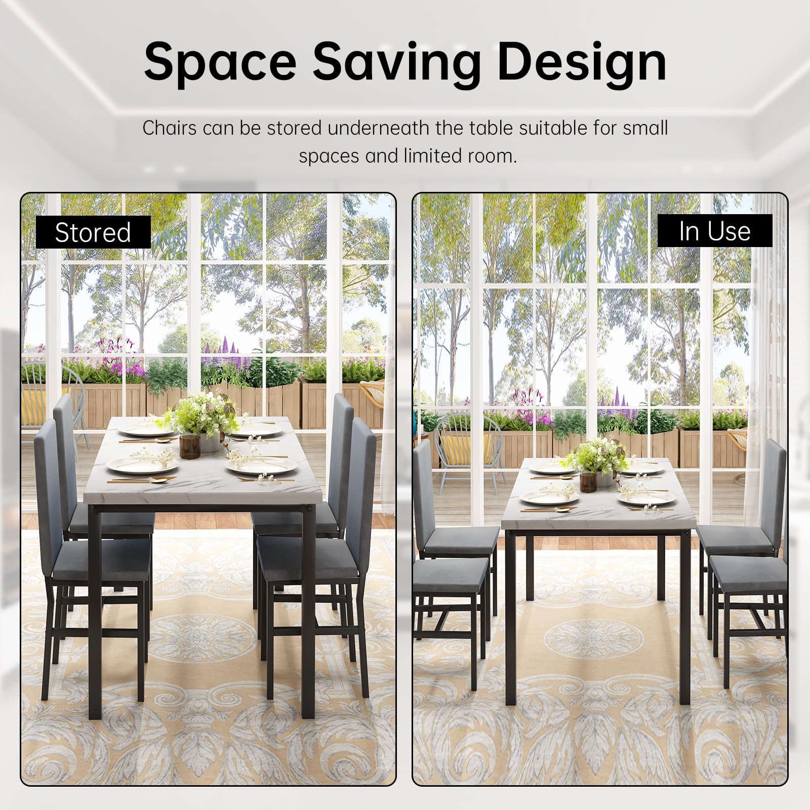 Modern 5-Piece Dining Table Set for 4 with Faux Marble Top & Velvet Chairs - Space Saving Kitchen Table and Chairs for Small Spaces, Apartments (Grey) | Perfect for Breakfast Nooks, Studio Apartments & Cozy Dining Areas