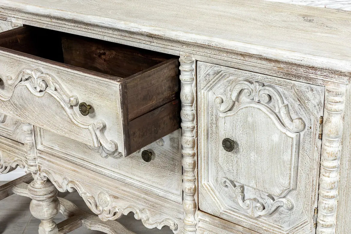 French Arched Hand Carved Indian Solid Wood Console Hall Table - Whitewashed Distressed Finish - Entryway, Living Room, Foyer Decor - 36 Inch Farmhouse Style Sofa Table