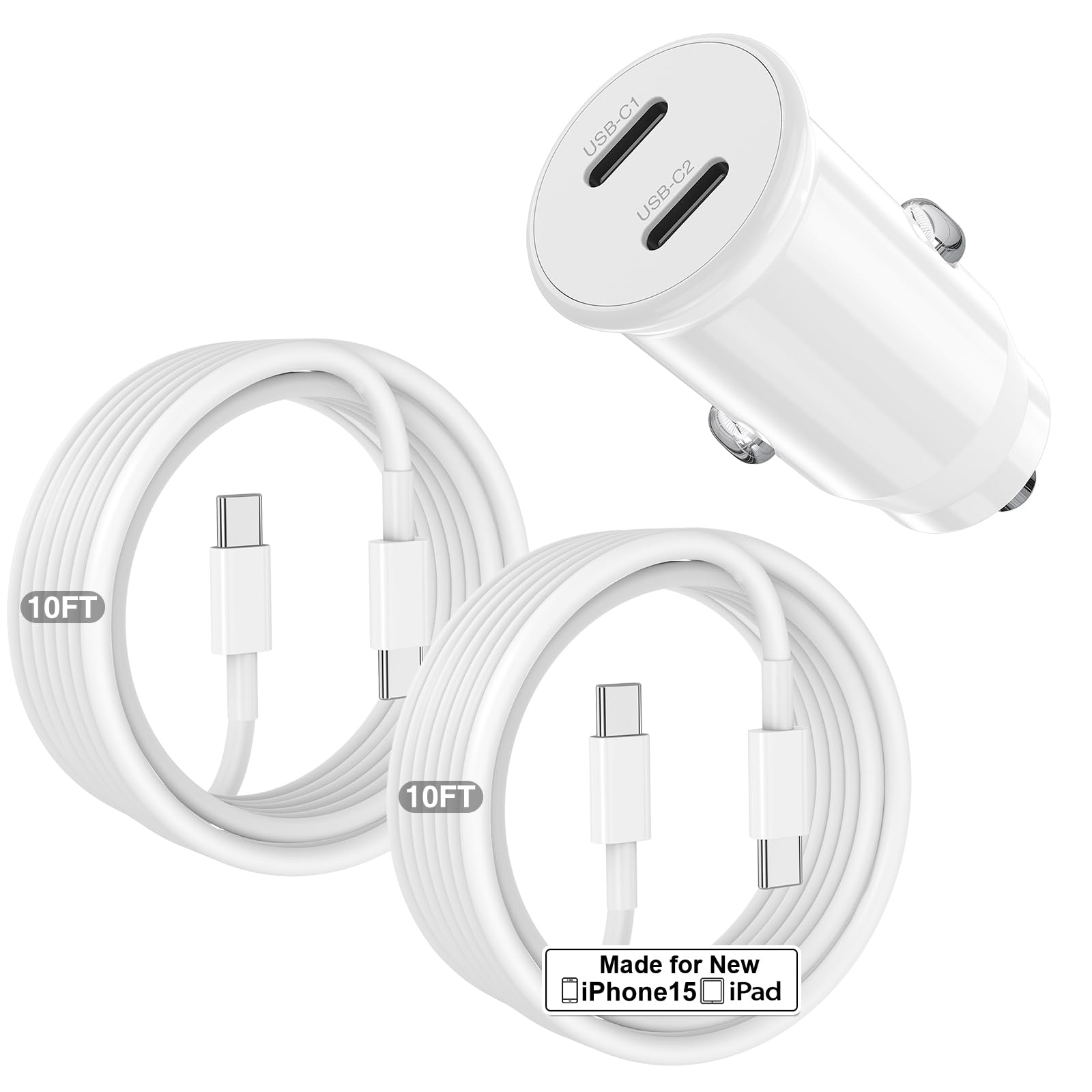 40W Fast Car Charger for iPhone 15/Pro/Pro Max - Dual USB C Port with 2-Pack 10ft Cables - Compatible with iPad Pro/Air/Mini & Android Phones - Perfect for Road Trips & Daily Commutes