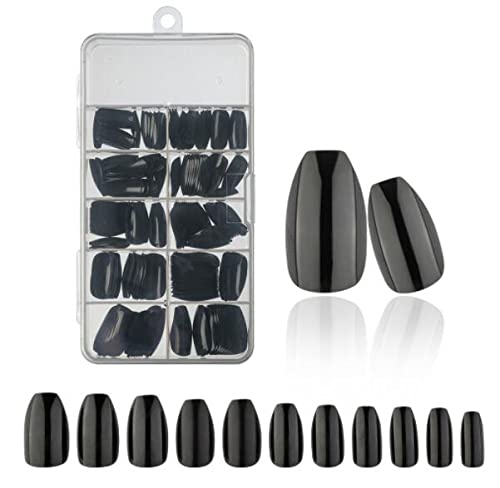 240-Piece Short Coffin Press-On Nails - Glossy Ballerina False Nails Kit with 10 Sizes - DIY Artificial Fingernails for Manicure & Nail Art Decor (Black) - Perfect for Parties, Weddings & Everyday Glam