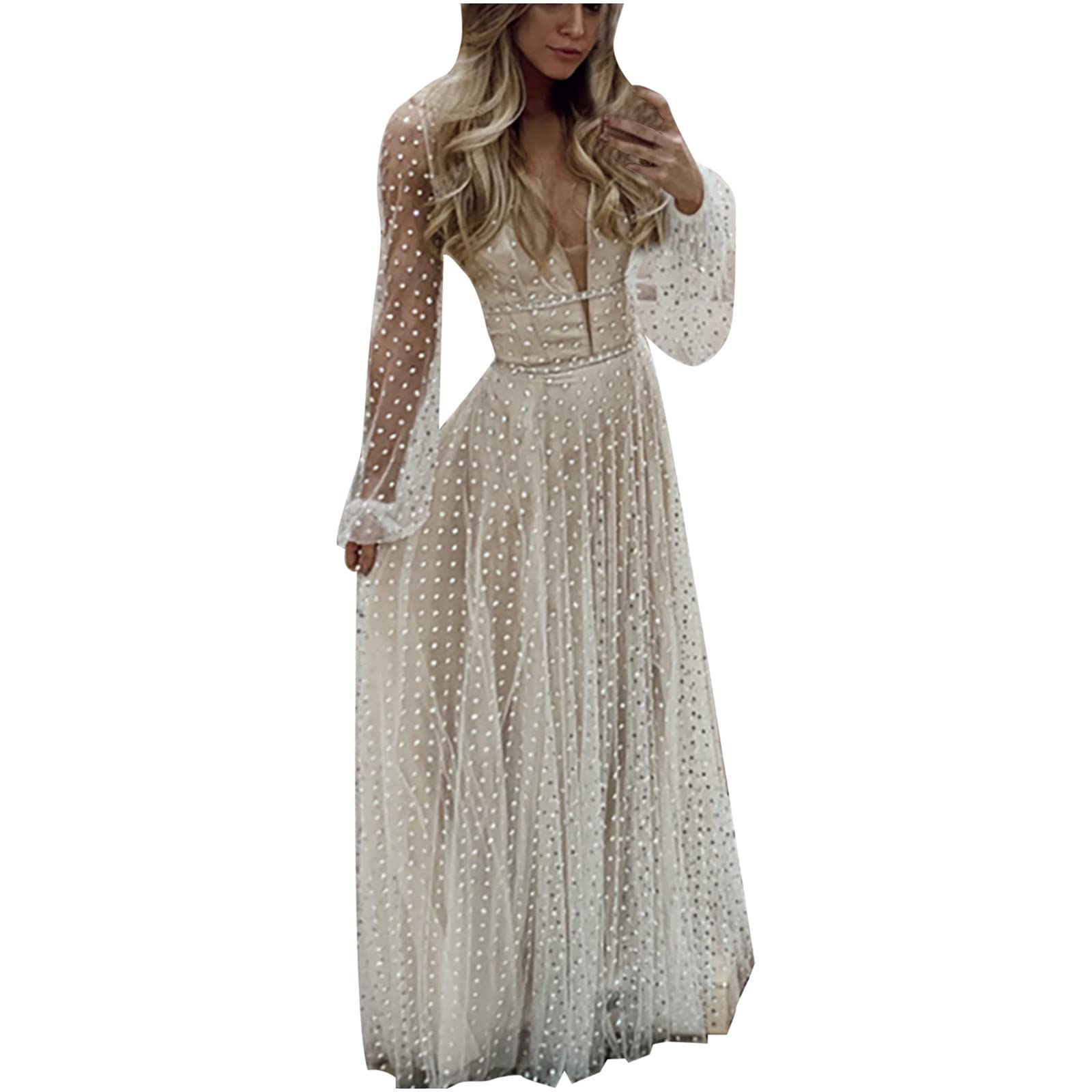 MEOILCE Women's Chiffon Polka Dot Maxi Dress - Elegant Sexy Formal Wedding Guest Dress for Bride & Bridesmaid in White | Perfect for Beach Weddings, Evening Parties & Special Occasions
