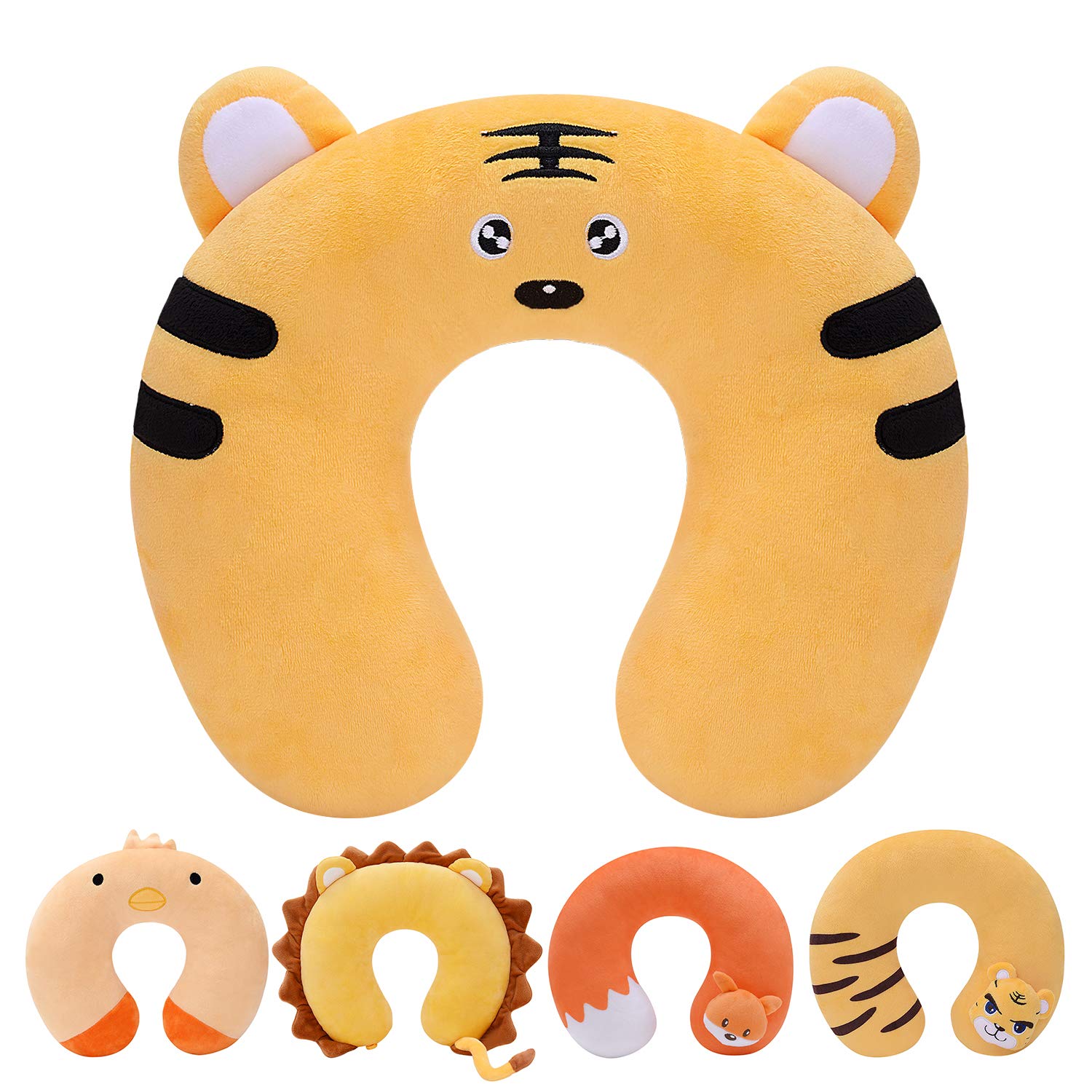 **HOMEWINS Kids Travel Pillow - Cute Animal Neck Pillow for Boys & Girls, Soft Support for Head & Chin - Perfect for Airplane, Car & Train Trips (Tiger Design)**    **Usage Scenarios:** Ideal for long flights, road trips, train rides, or napping at home—keeps kids comfortable and supported.