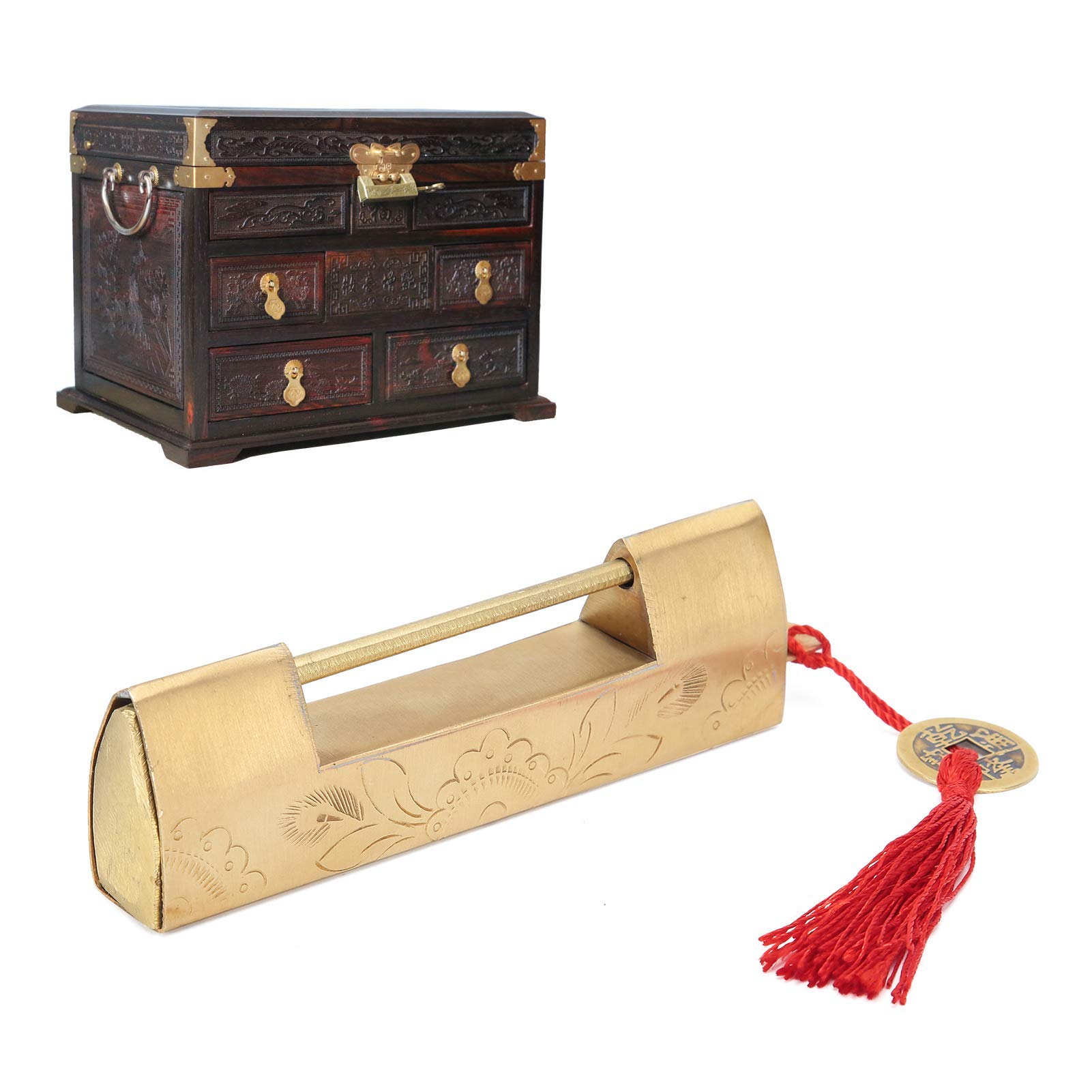 Antique Chinese Carved Brass Padlock with Key - 6.5cm Vintage Jewelry Box Lock for Cabinet, Chest & Home Decor - Perfect for Antique Collections, Wedding Gifts & Room Decoration