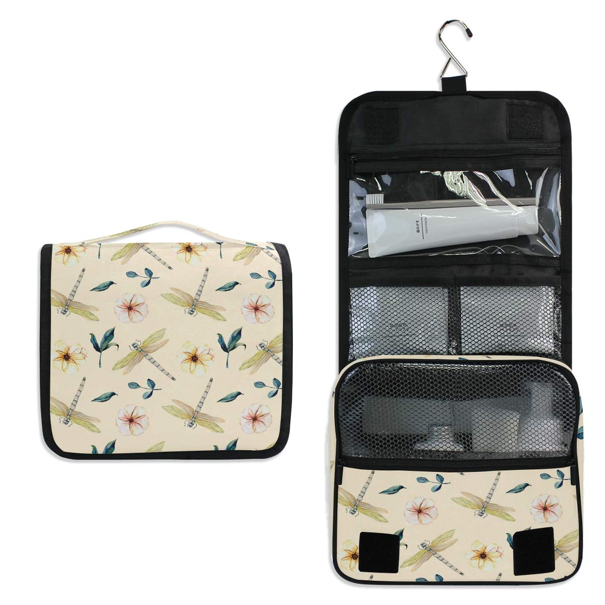 MOYYO Waterproof Hanging Toiletry Bag for Women - Pink Floral with Dragonfly Design, Travel Cosmetic Organizer, Makeup Pouch for Shower, Gym & Vacation | Perfect for College Girls, Business Trips & Camping Accessories