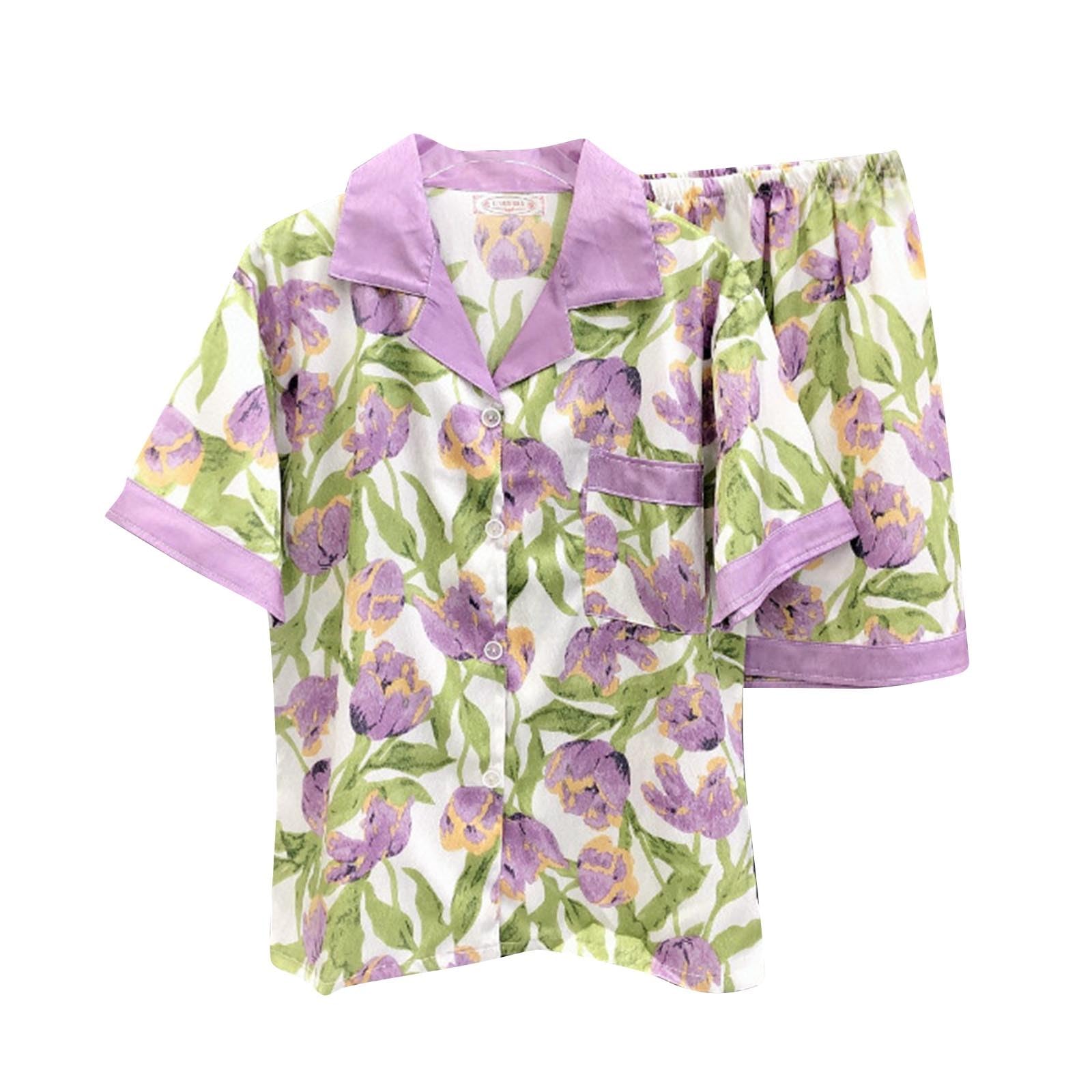 Women's Floral Print Pajama Set - Soft Short Sleeve Button Down Nightwear with Notch Collar & Lounge Shorts | Comfortable Sleepwear for Bedtime, Relaxing at Home & Vacation