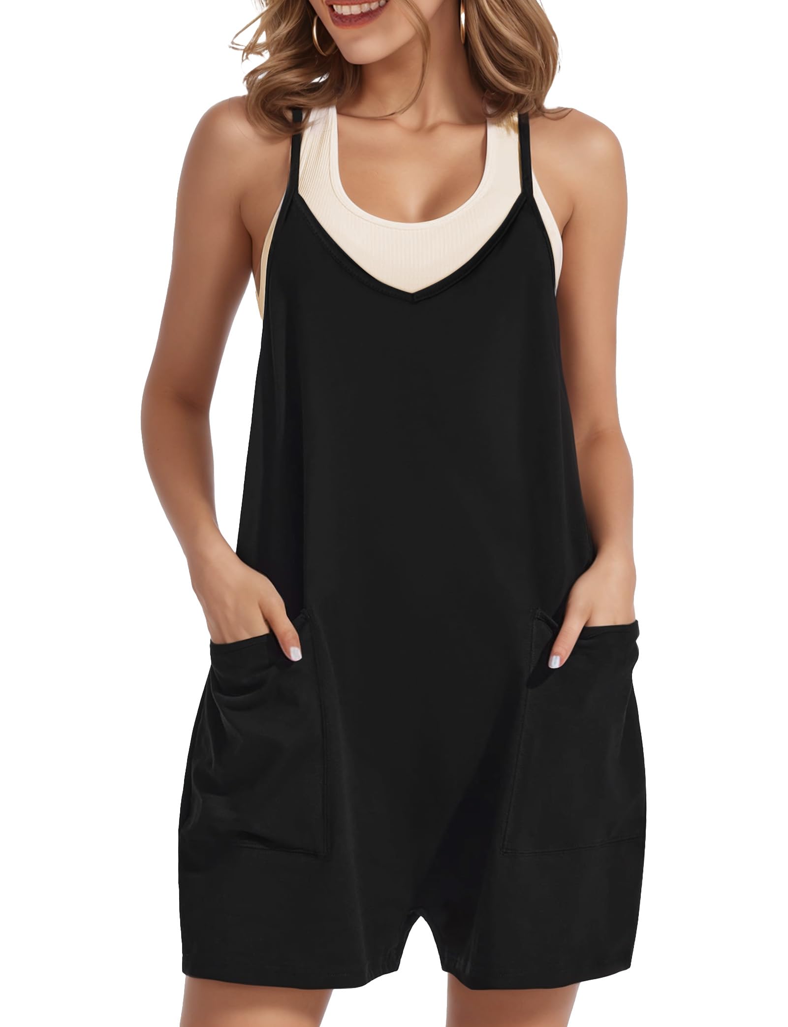 Women's Casual Rompers - Sleeveless Summer Jumpsuits with Spaghetti Straps, Loose Fit Short Overalls with Pockets | Trendy Outfits for Beach, Vacation & Everyday Wear