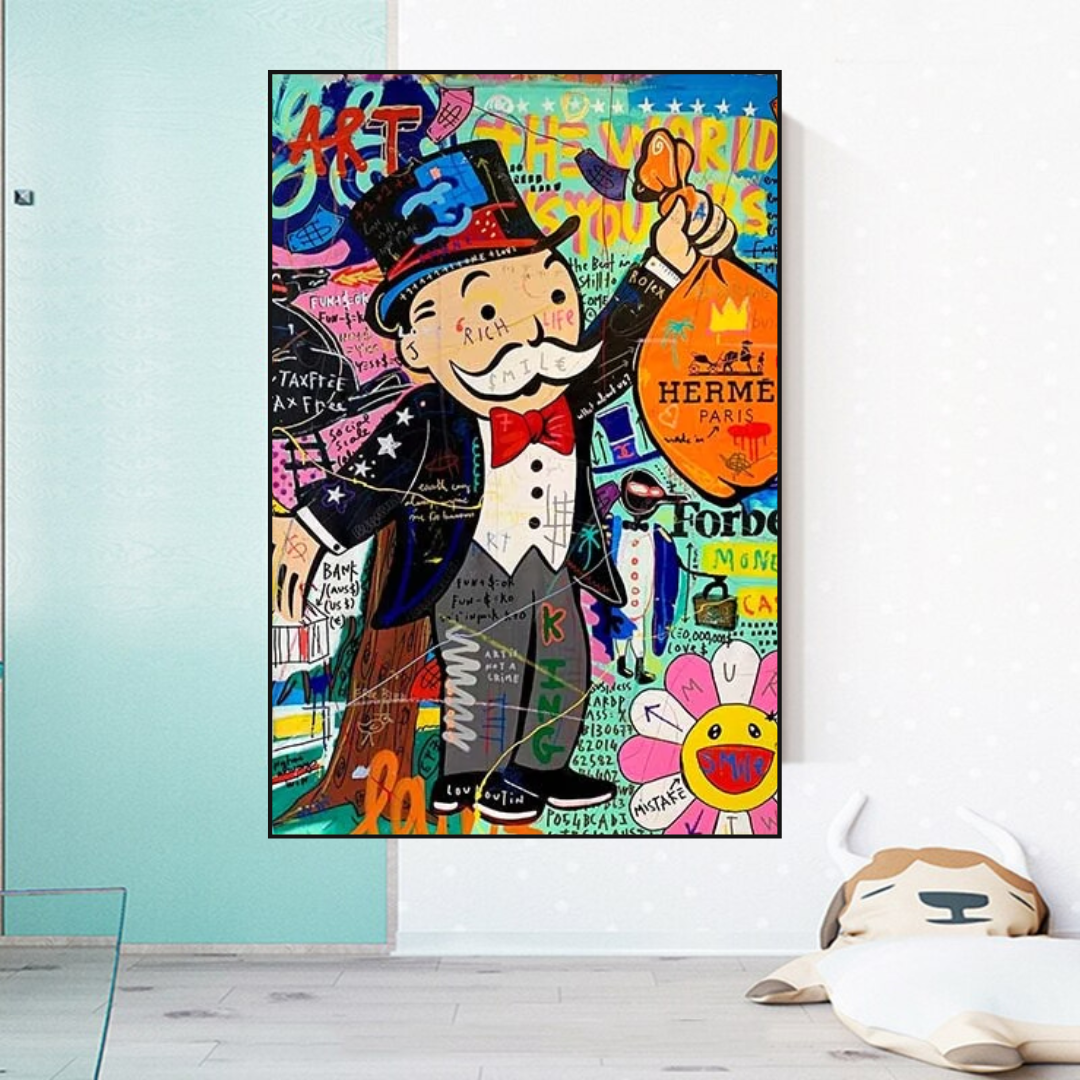 Alec Monopoly 'The World is Yours' Money Bag Canvas Wall Art - Pop Art Home Decor for Living Room, Office & Game Room