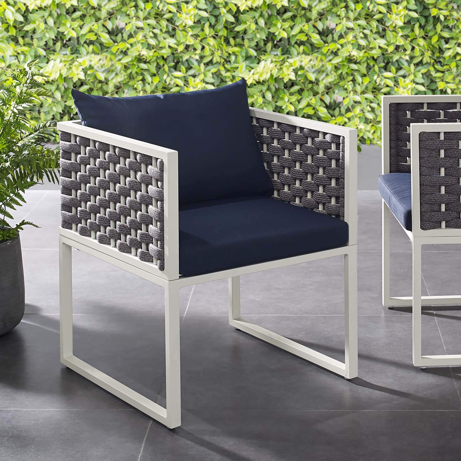 Modway Stance Outdoor Patio Dining Chair - White & Navy Woven Rope Armchair for Backyard, Poolside & Garden Relaxation