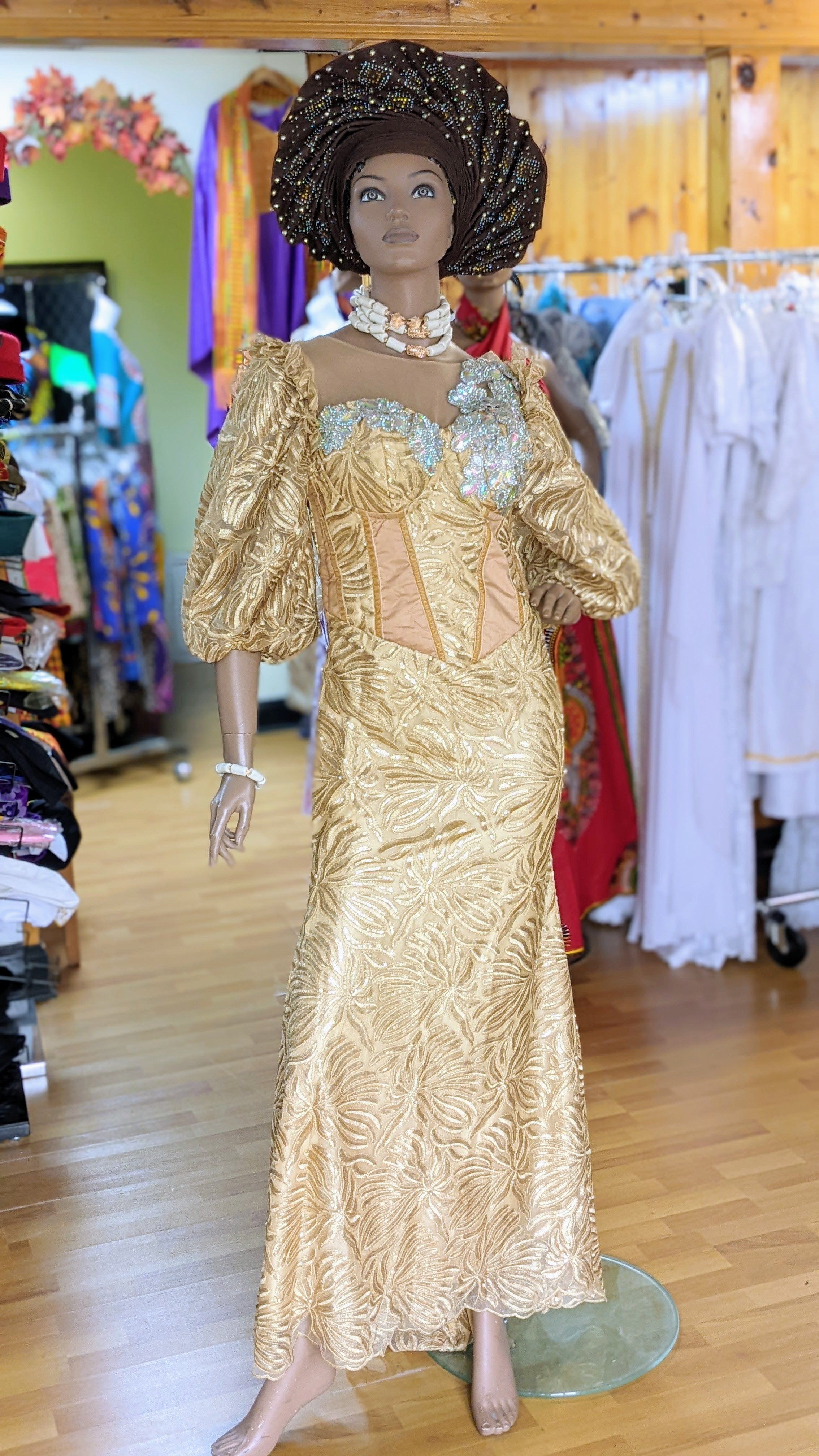 Ethereal Elegance Tan Gold African Lace Corset Dress for Women - DPXGRCD2 | Perfect for Weddings, Parties & Special Occasions