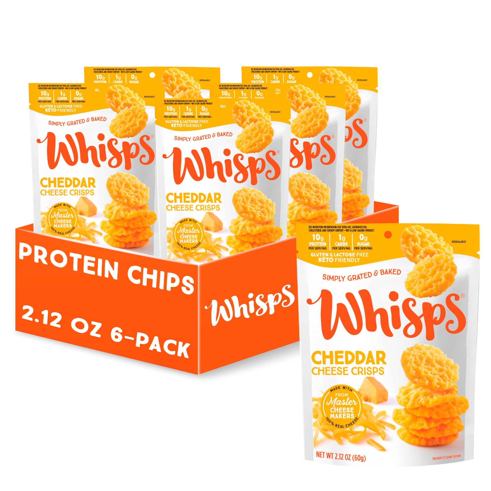 Whisps Cheddar Cheese Crisps - High Protein, Low Carb Keto Snacks - Gluten Free Protein Chips for Healthy Lifestyle (2.12 Oz, 6 Pack) - Perfect for On-the-Go Snacking, Office Lunch, and Keto Diet