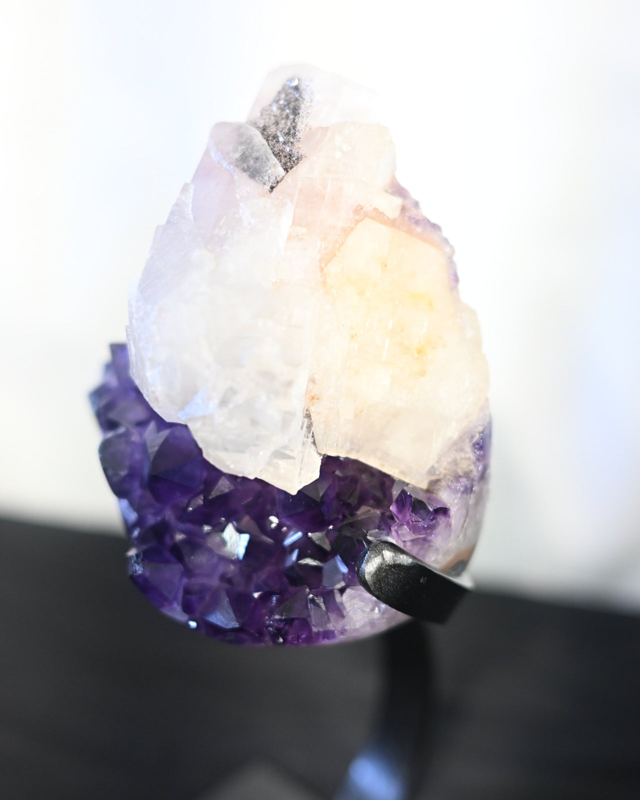 Natural Amethyst Calcite Goethite Geode on Stand - 8lbs Large Crystal Cluster for Home Decor, Meditation & Healing