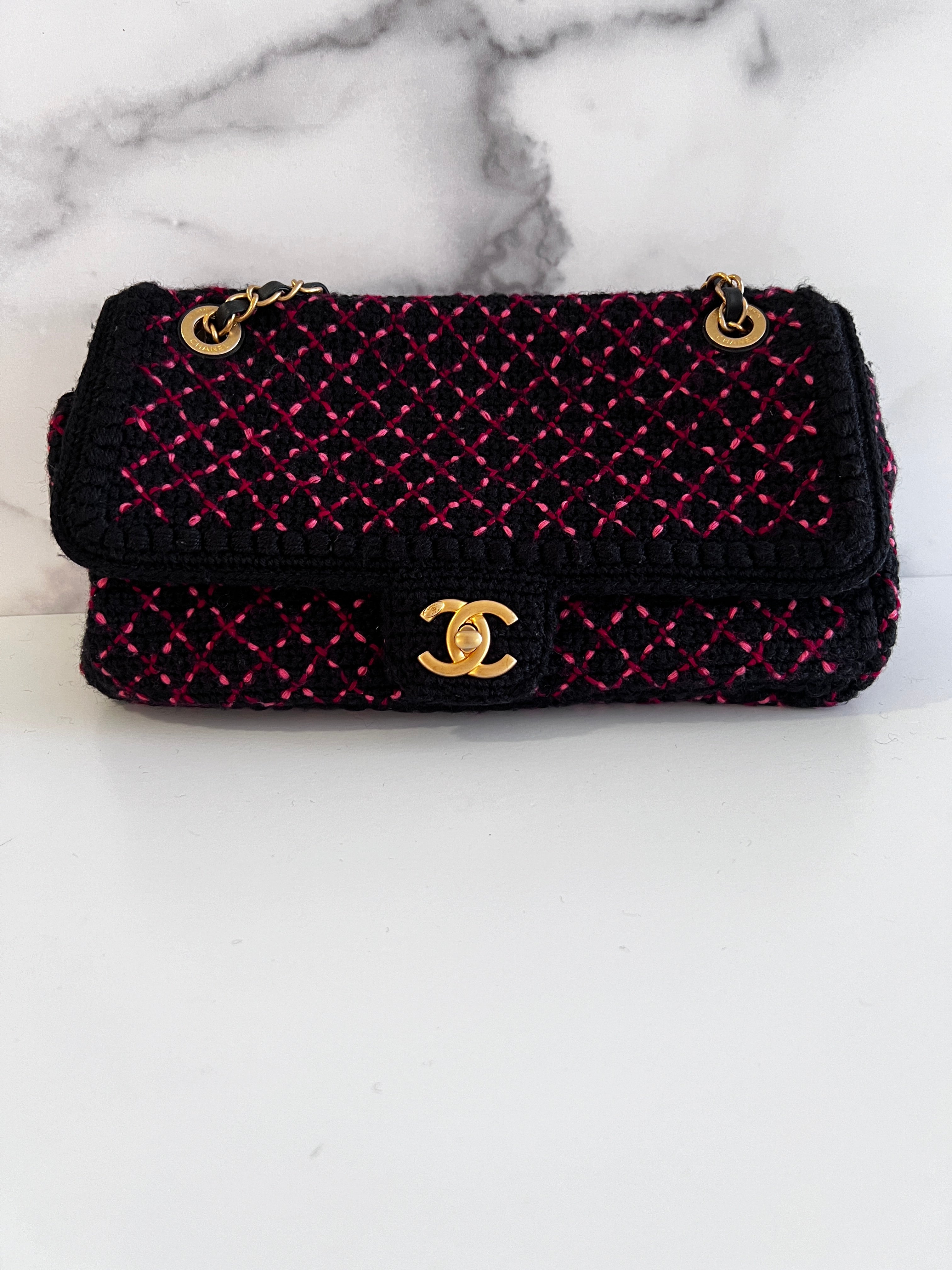 Chanel CC Chain Wool Knit Flap Bag Medium - Luxury Designer Crossbody Purse for Women | Perfect for Parties, Date Nights & Everyday Elegance