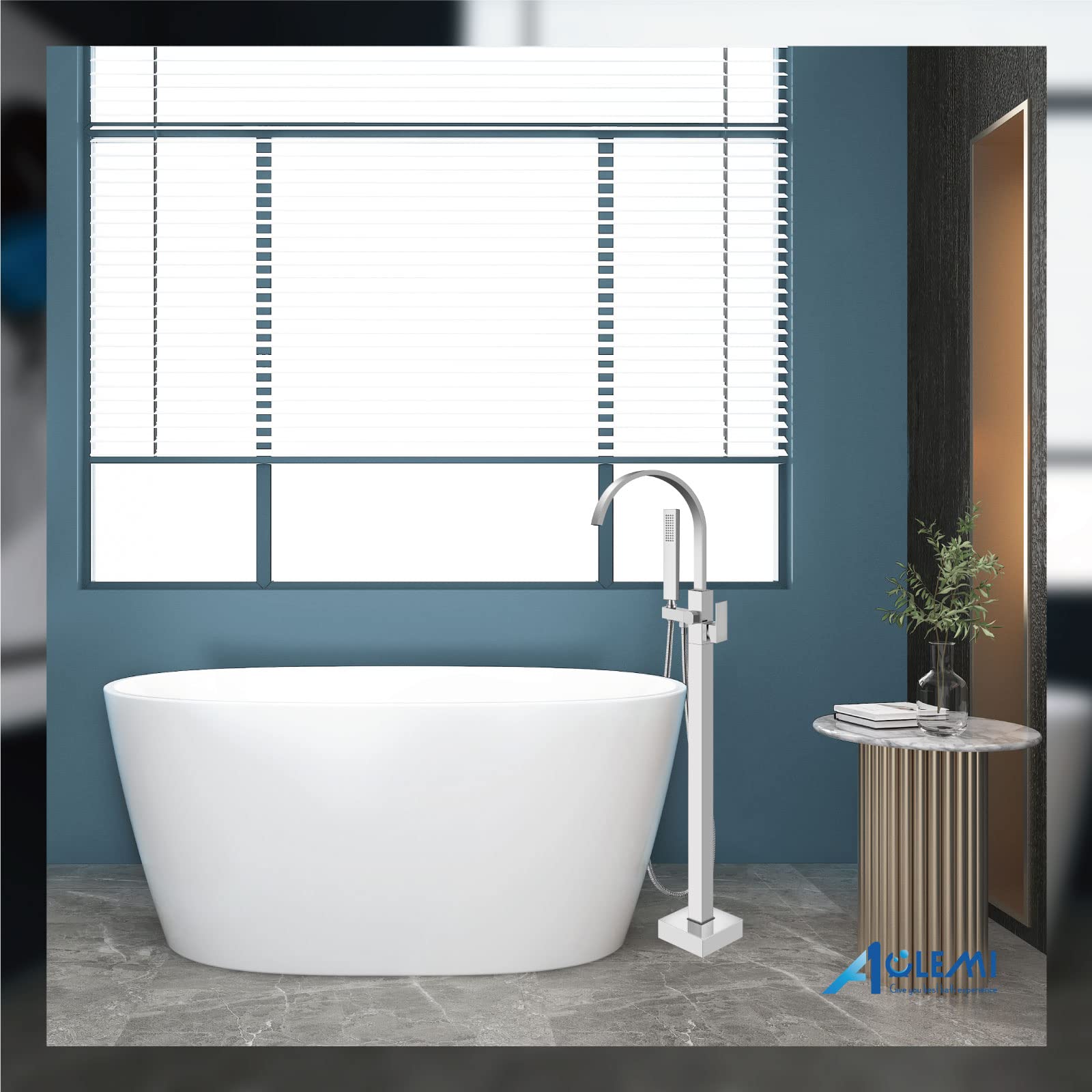 Aolemi Polished Chrome Freestanding Bathtub Faucet - Floor Mount Tub Filler with Handheld Shower Sprayer, Single Handle Waterfall Brass Tap for Modern Bathroom (Ideal for Spa, Luxury Bath & Home Renovation)