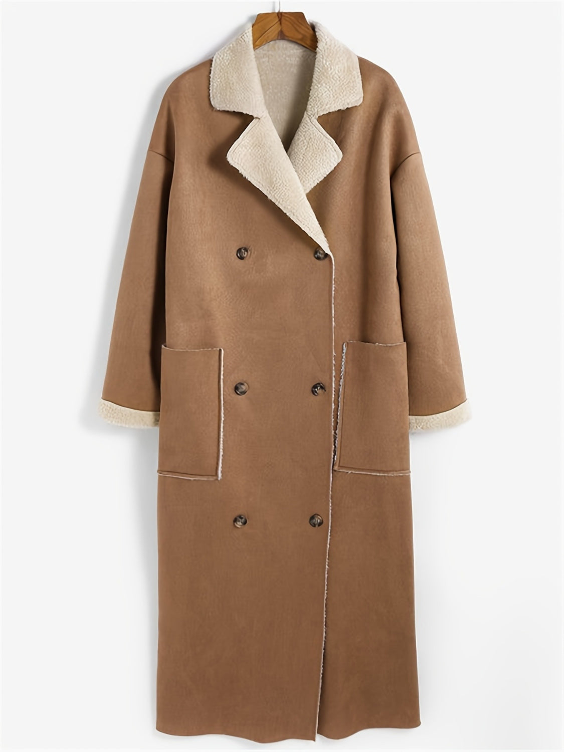 Plus Size Drop Shoulder Sherpa Longline Coat for Women - Warm Winter Oversized Fleece Jacket with Pockets | Cozy Outerwear for Casual Outings & Cold Weather