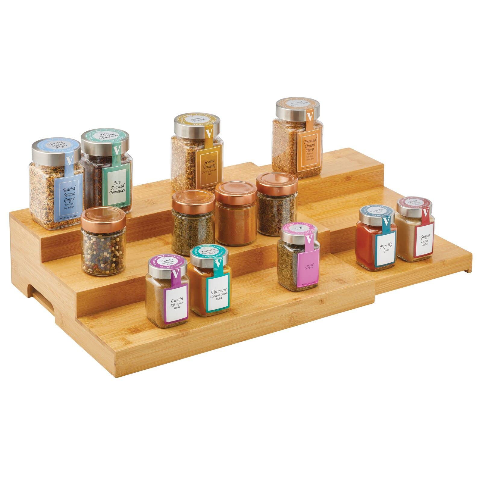 mDesign 3-Tier Bamboo Spice Rack Organizer - Adjustable & Expandable Kitchen Cabinet Storage for Spice Jars - Countertop & Pantry Shelf Organizer - Natural Echo Collection - Perfect for Small Spaces & Spice Organization