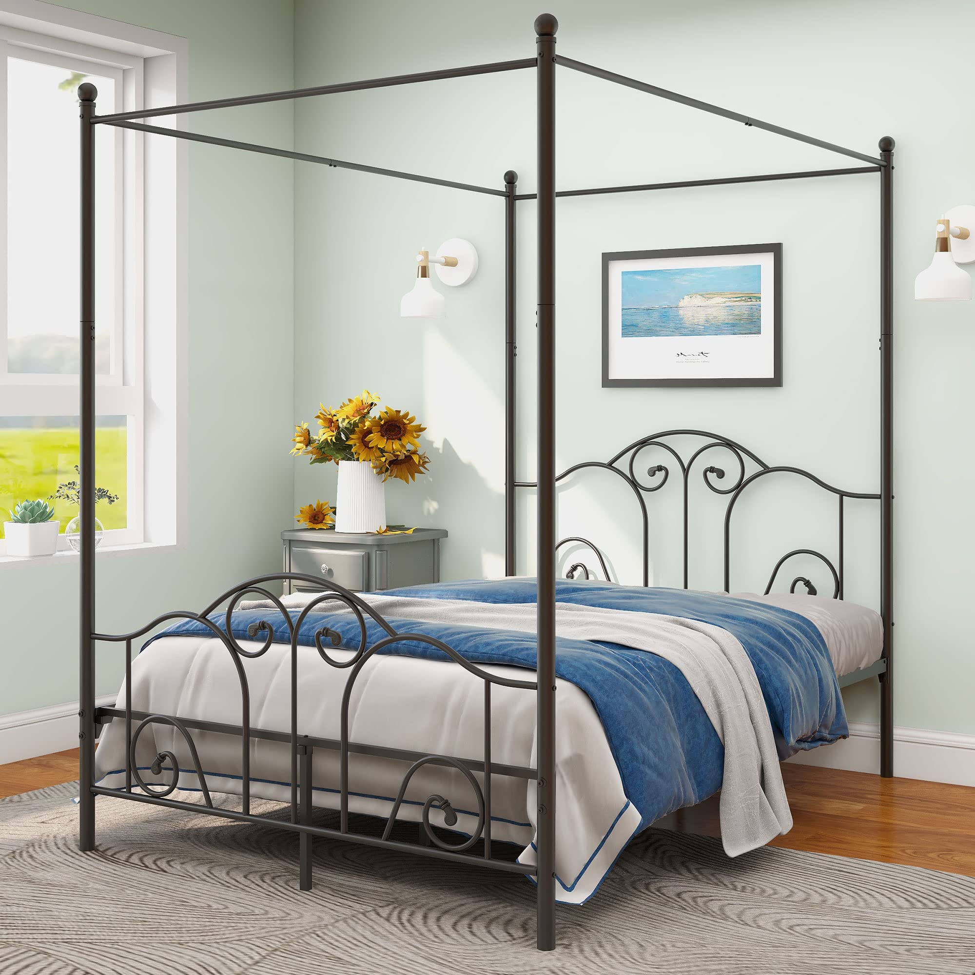 Beautiplove Full Size Metal Canopy Bed Frame with Ornate European Style Headboard & Footboard - Sturdy Steel Construction, No Box Spring Required - Black - Perfect for Master Bedrooms, Guest Rooms & Luxury Bedroom Decor