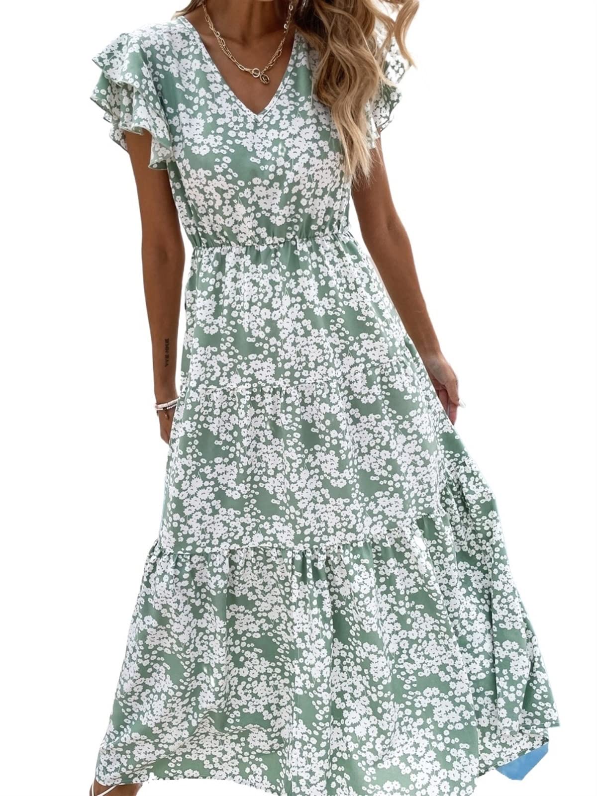 VIYAN Women's Floral Summer Casual Dress with Ruffle Hem & Thigh Slit - Short Sleeve A-Line Dress for Beach, Party & Vacation Outfits